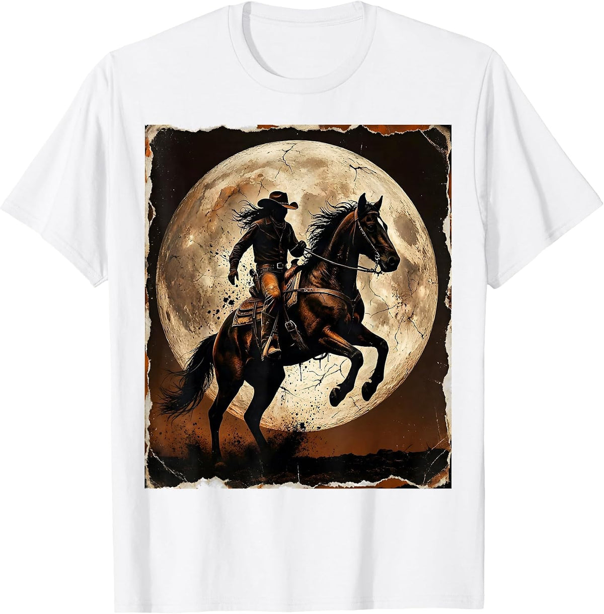 Men's White Cowgirl Rearing Horse Full Moon Graphic T-Shirt - White
