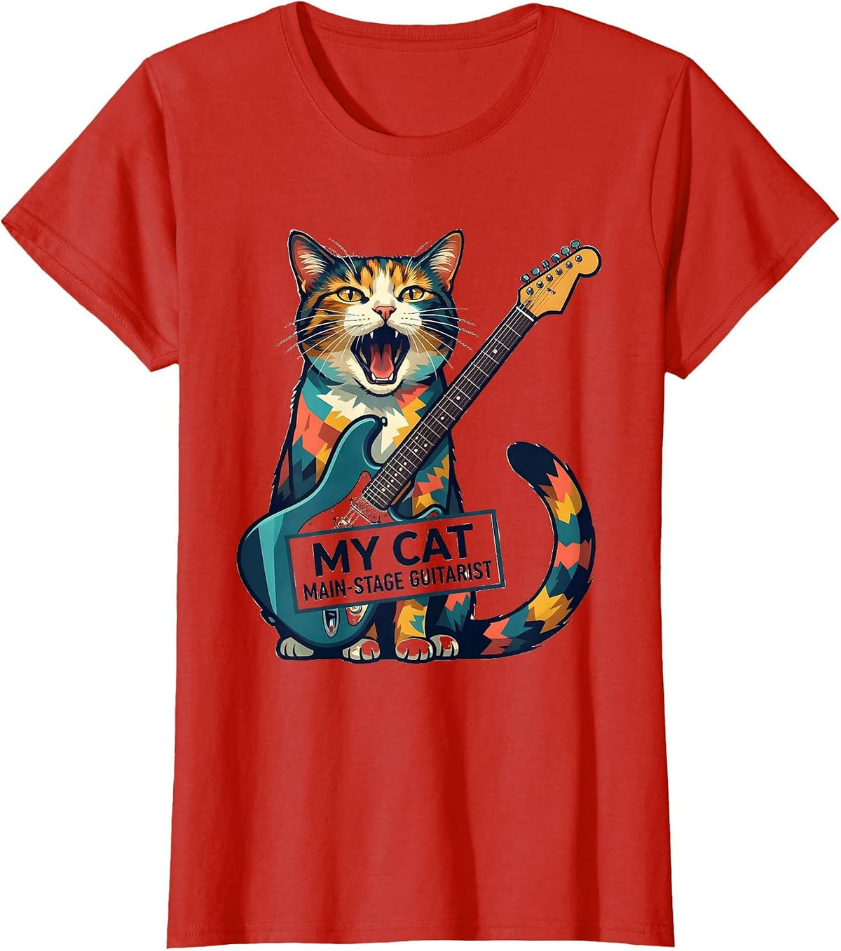 Women's My Cat, Main-Stage Guitarist Funny Rock Star Cat Lover Gift T-Shirt - Red
