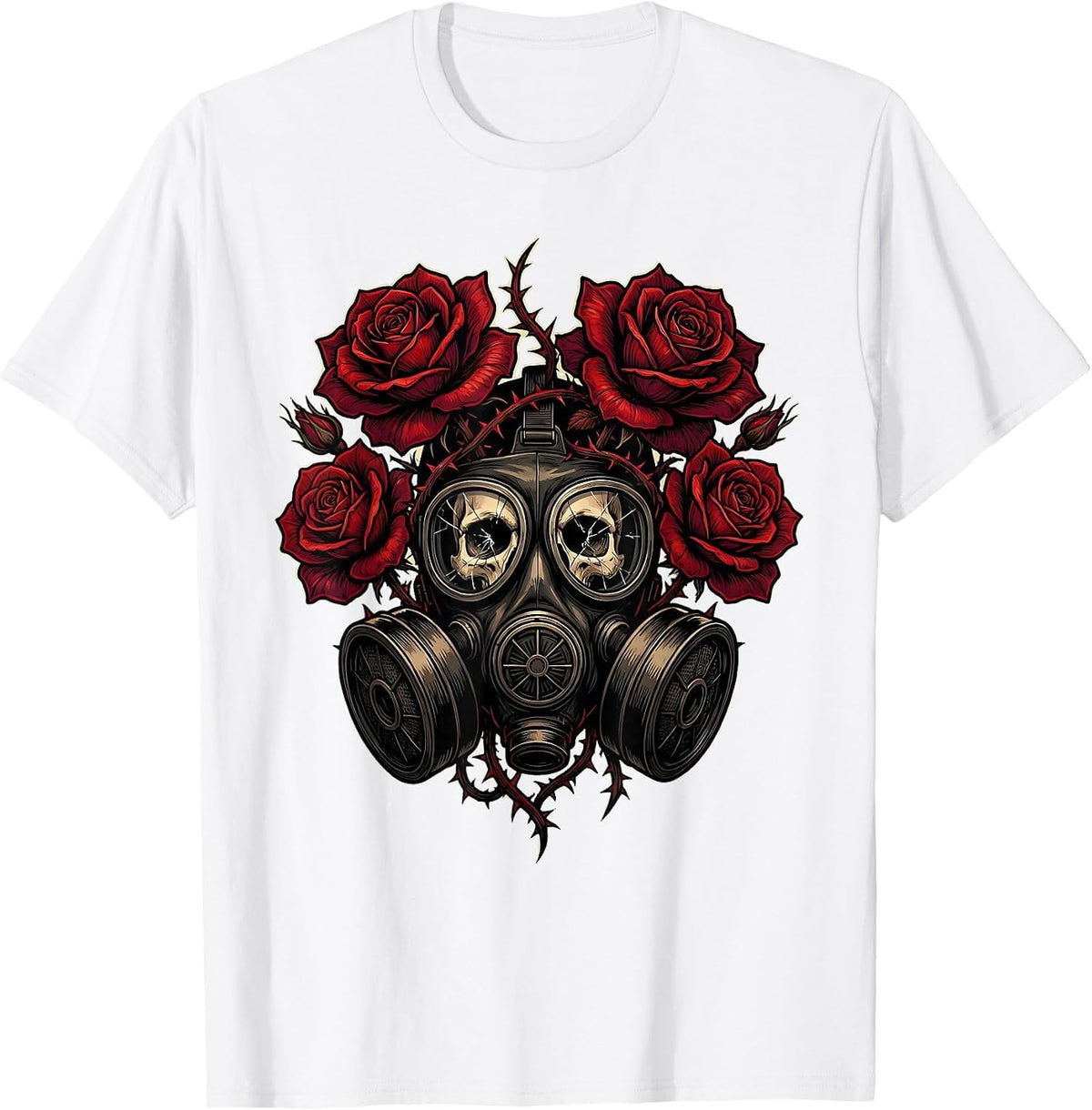 Men's Grunge Gas Mask Floral Growth Illustration T-Shirt - White