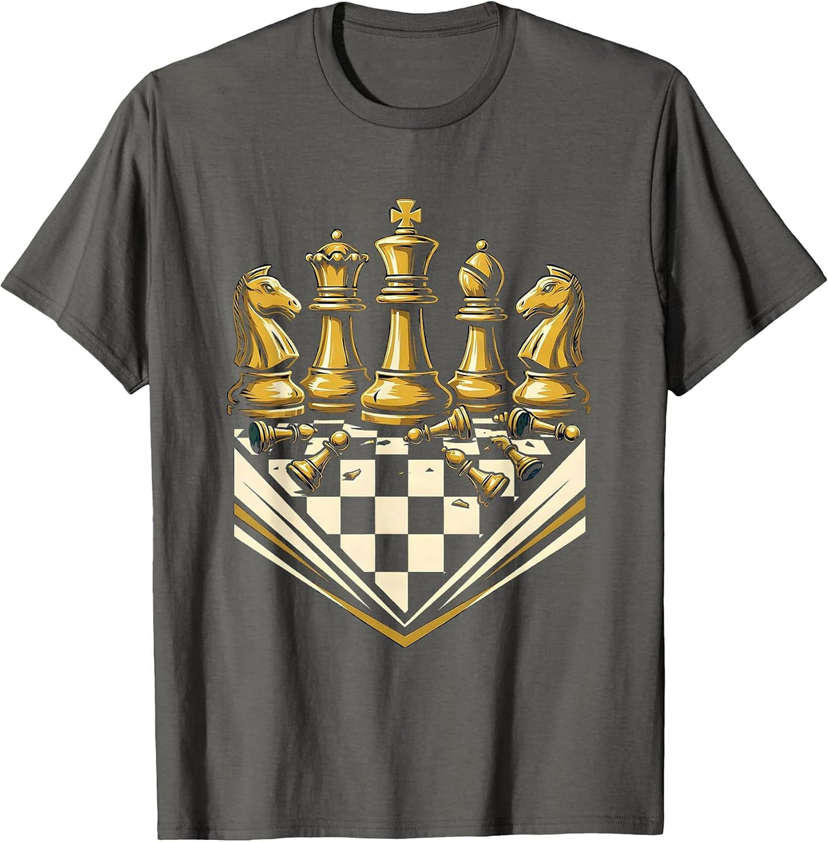 Chess Pieces Mid-Game Wooden Board Illustration T-Shirt - Asphalt Grey