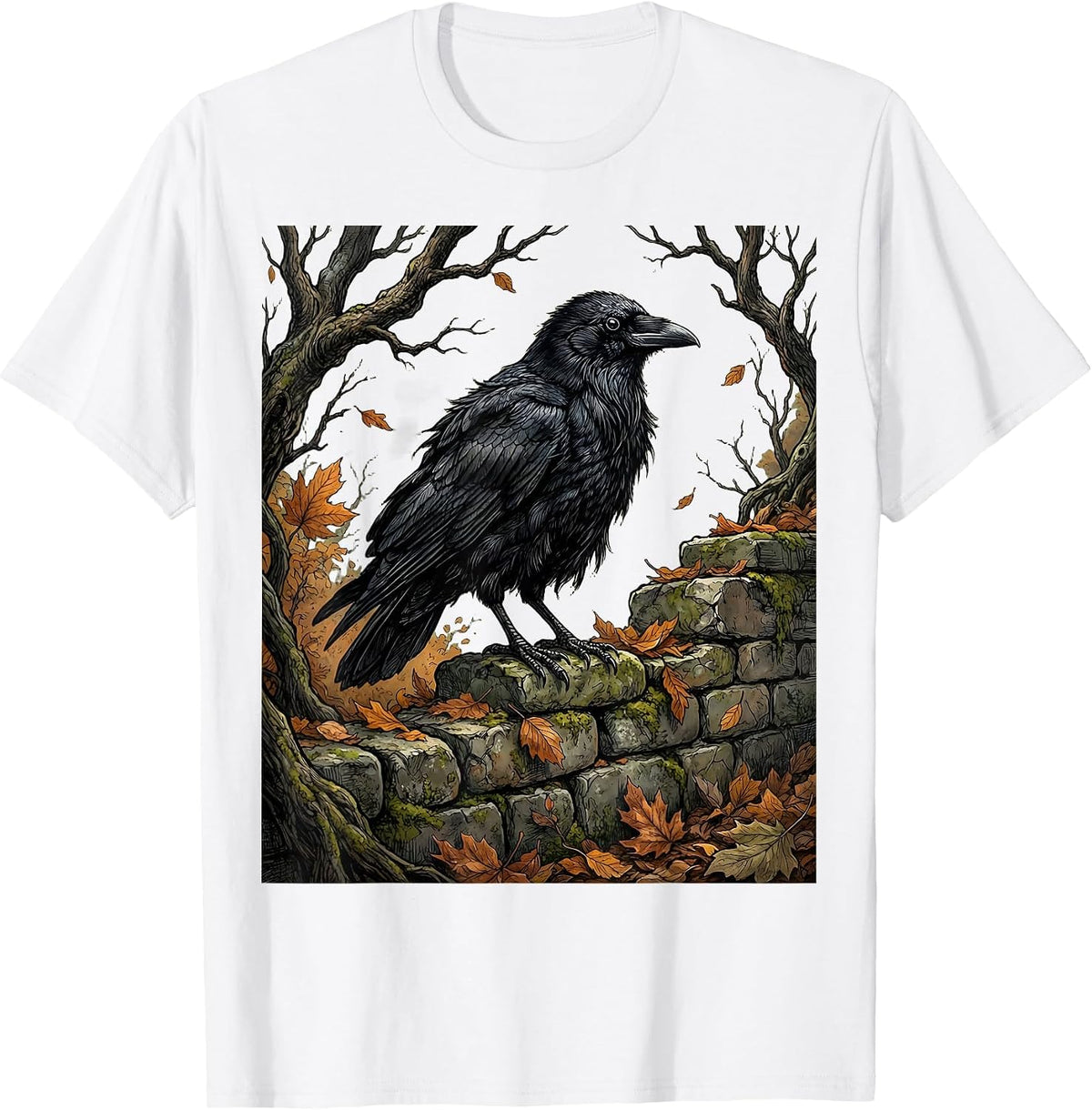 Men's Crow on Crumbling Stone Wall Fall Gothic Art T-Shirt - White