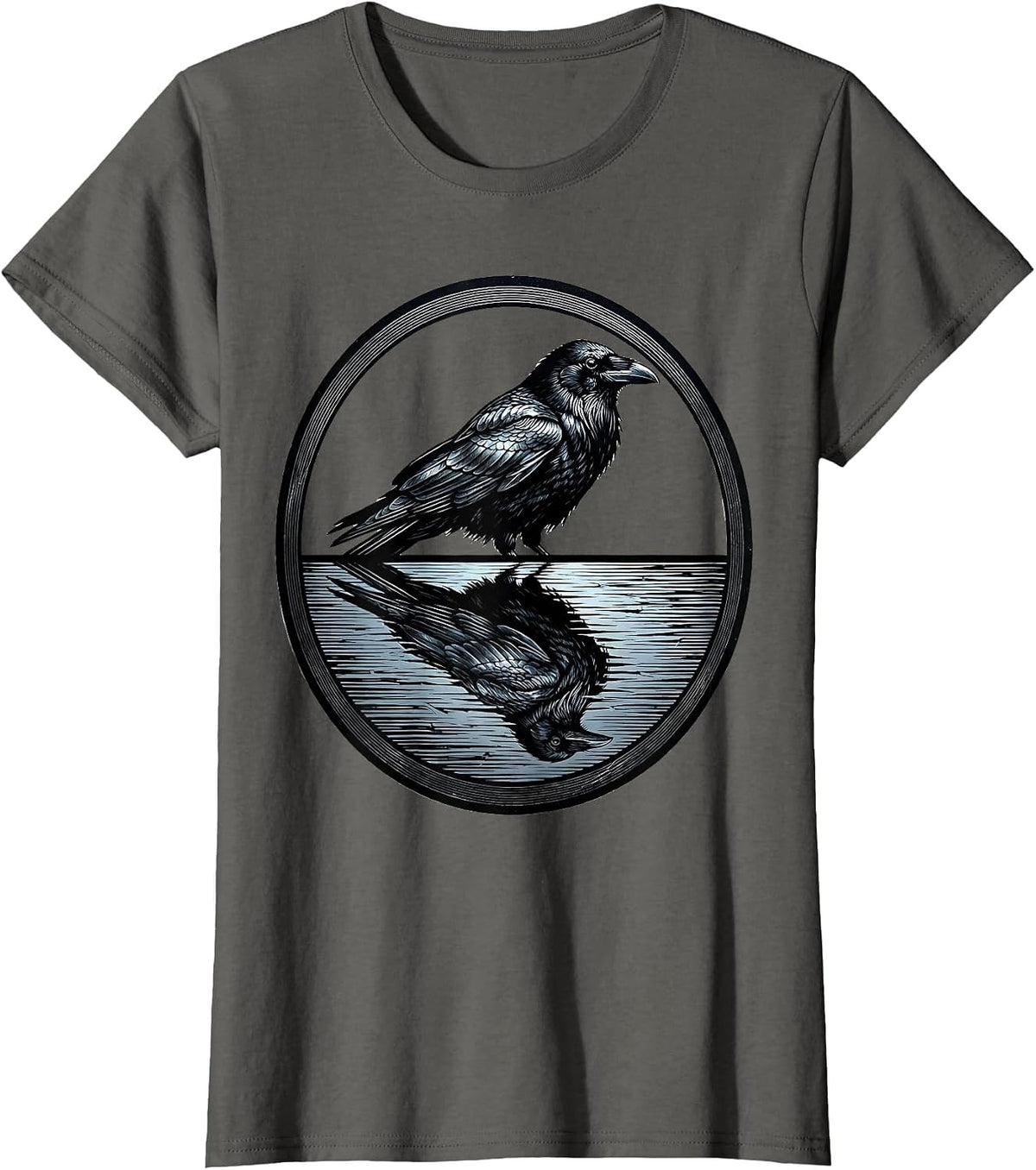Women's Crow Reflection Dark Water Nature Illustration T-Shirt - Asphalt Grey