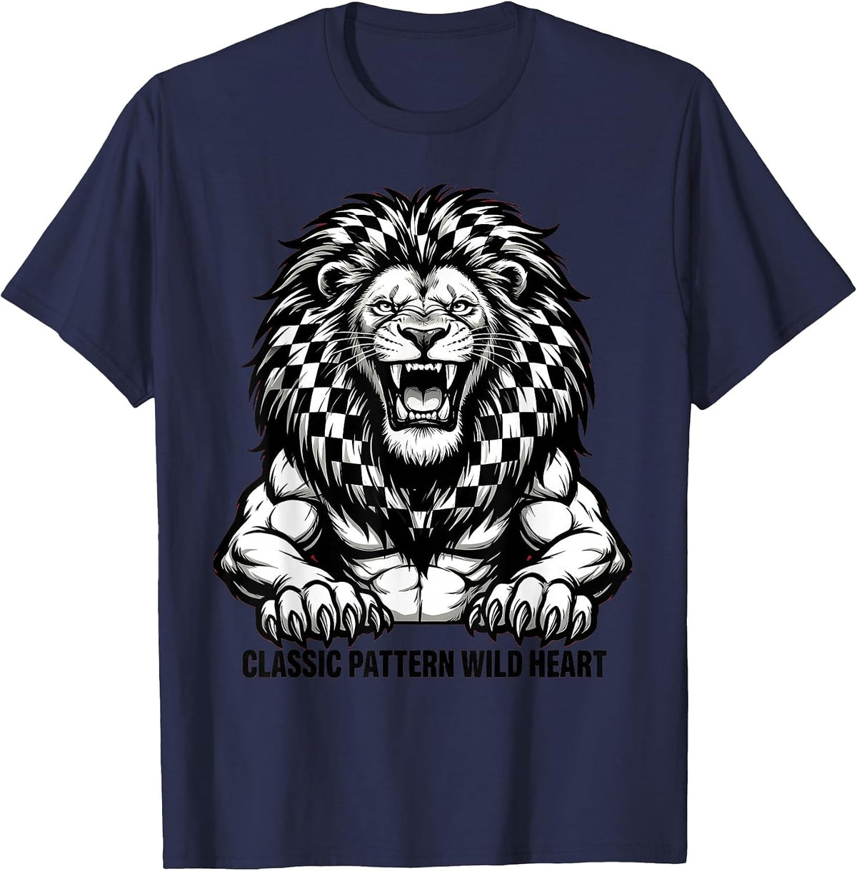 Classic Pattern Wild Heart Checkered Design T-Shirt - Navy Blue