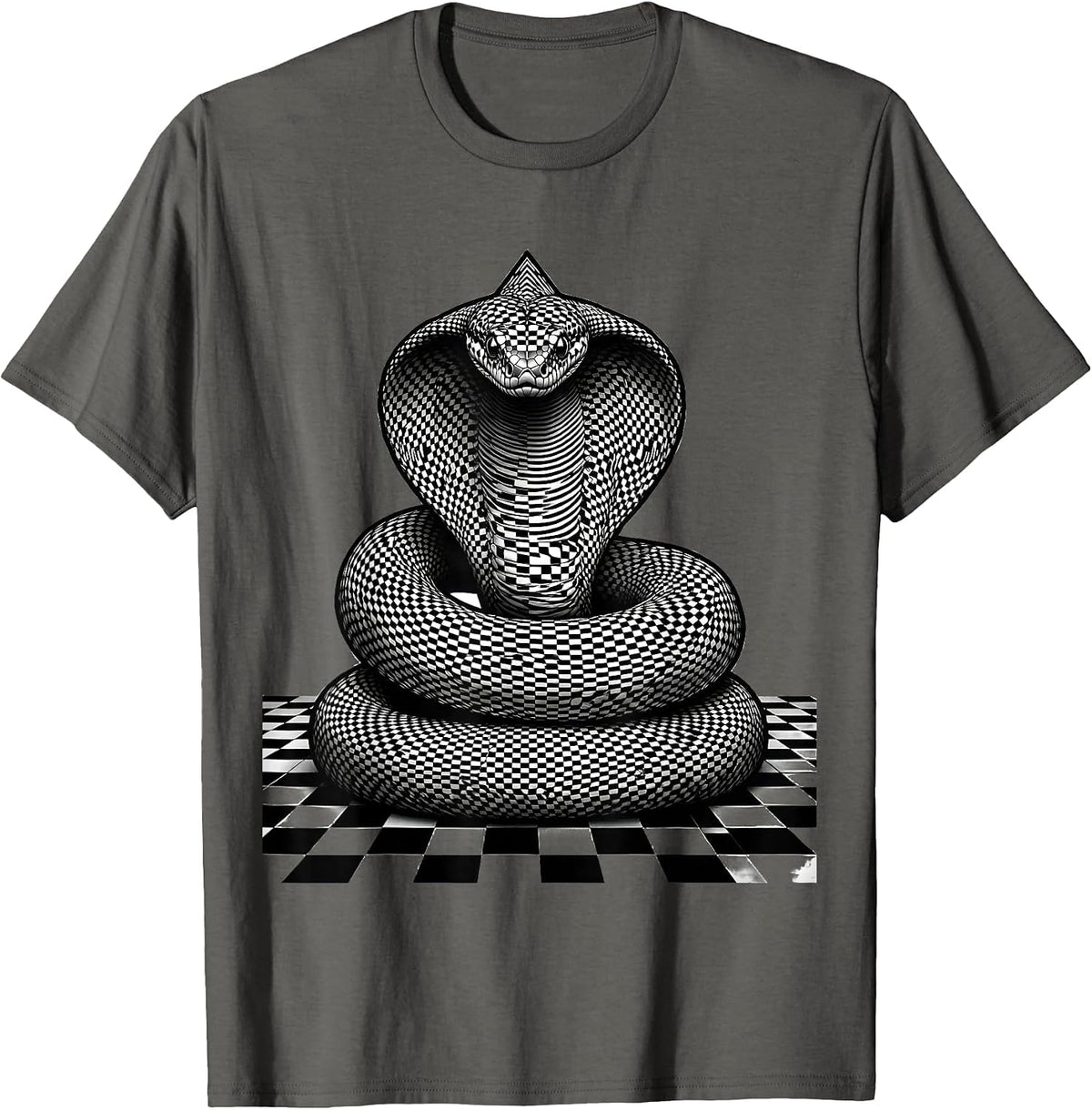 Snake Coiled on Black and White Checkered Floor T-Shirt - Asphalt Grey