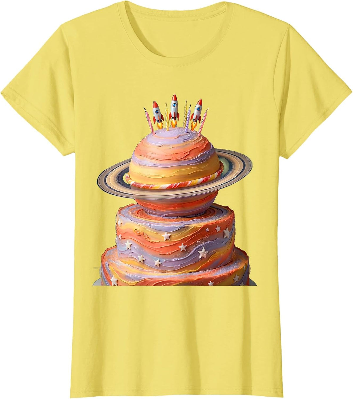 Birthday Cake Planet Outer Space Celebration Graphic T-Shirt - Lemon Yellow