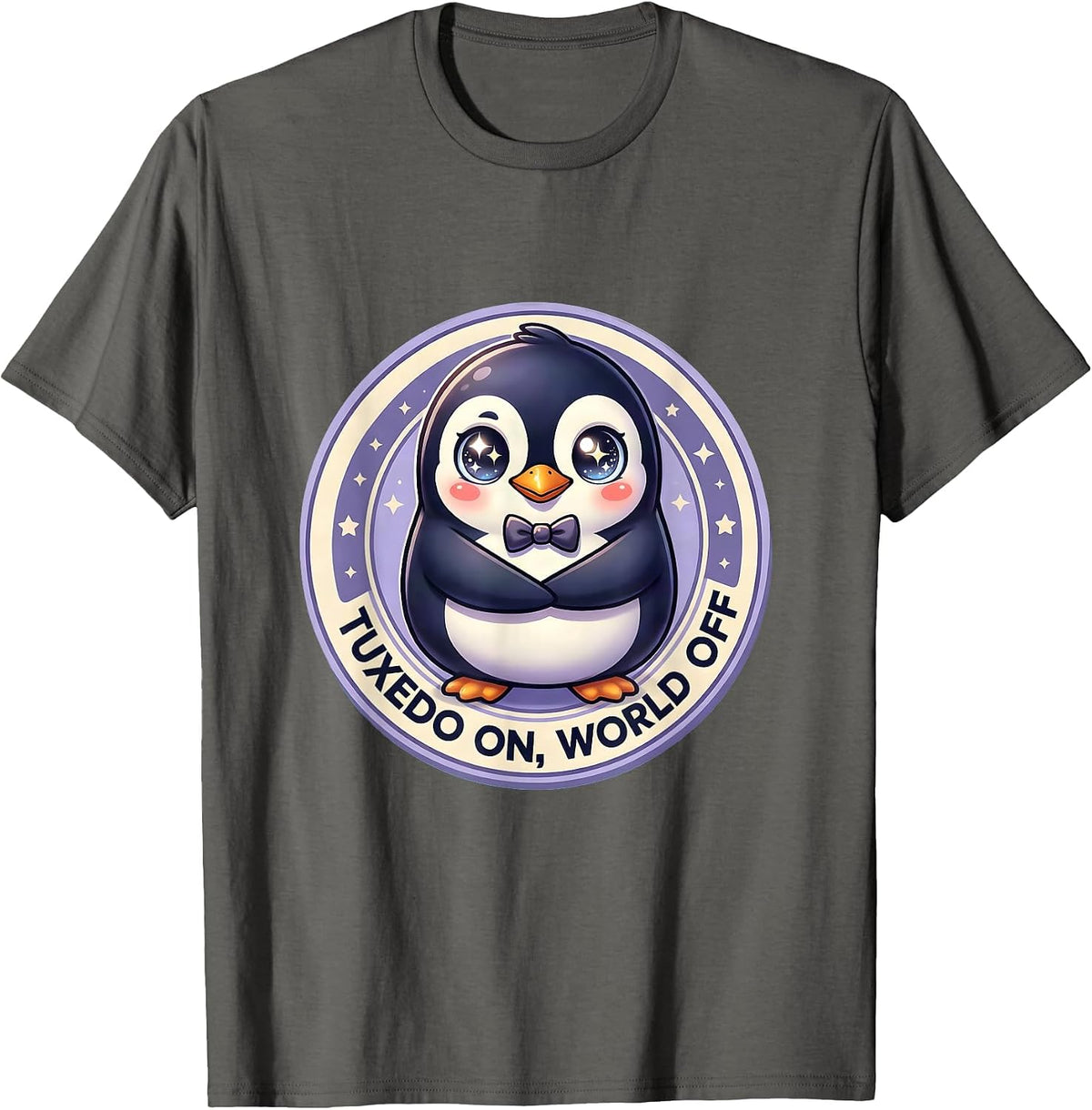 Tuxedo On World Off Funny Penguin Design T-Shirt - Asphalt Grey