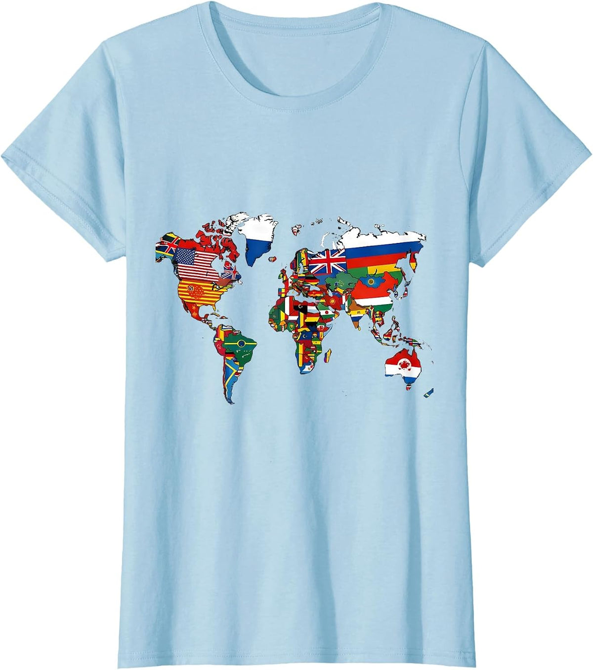 Women's World Flags Map Colorful Geography Lover Reference Chart T-Shirt - Baby Blue