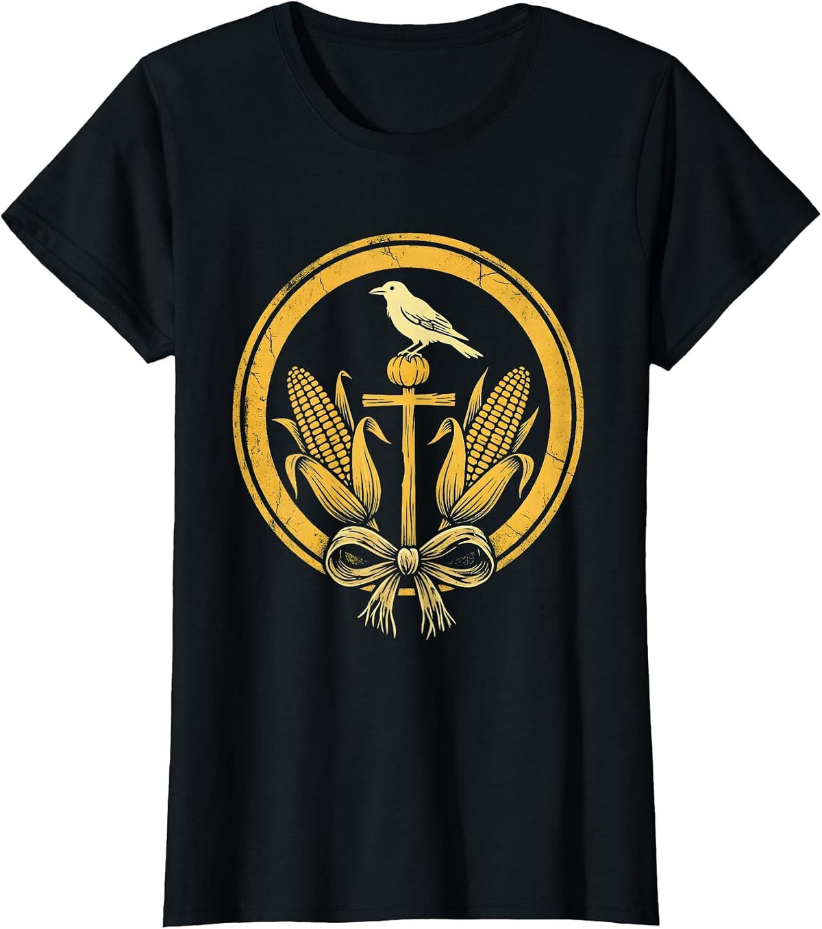 Women's Crow on Scarecrow Fall Cornfield Illustration T-Shirt - Black