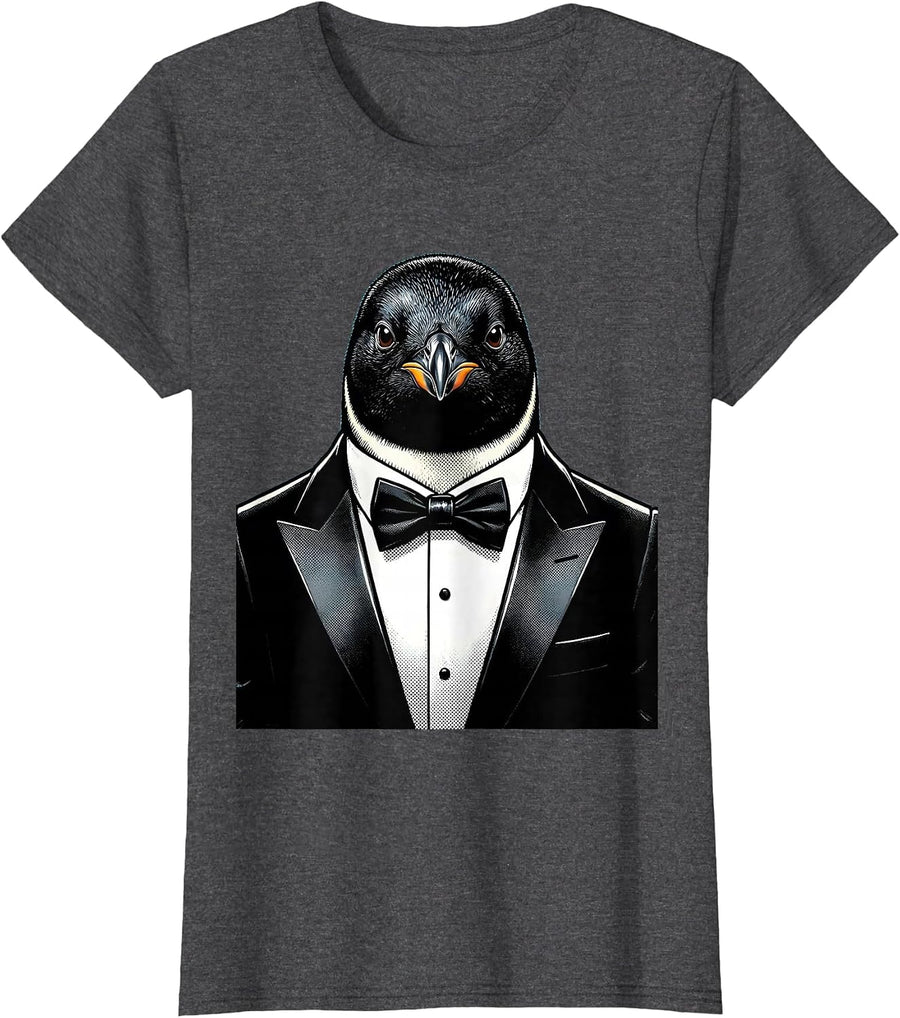 Women's Penguin in Tuxedo Black Bow Tie Graphic T-Shirt - Dark Heather Grey