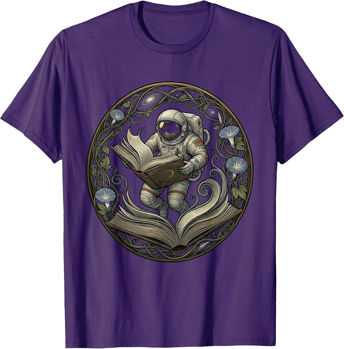 Men's Astronaut Floating With Open Book Space Art T-Shirt - Purple
