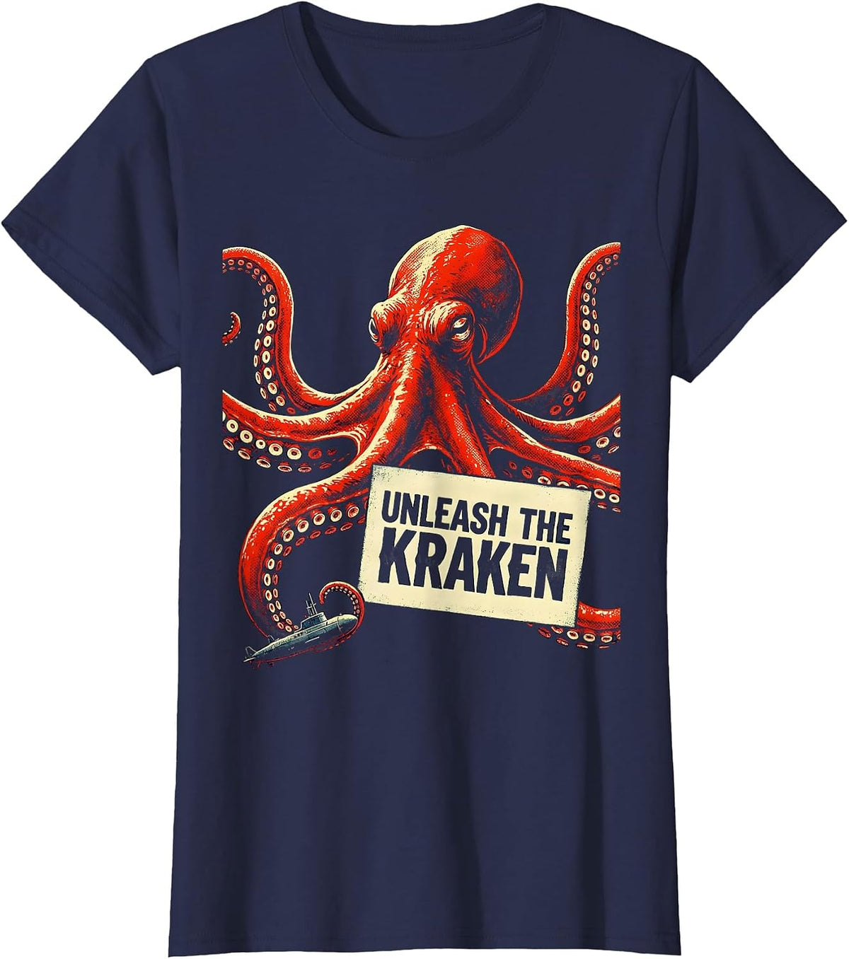 Women's Unleash The Kraken Stencil Graphic Octopus Lover Sea Monster T-Shirt - Navy Blue