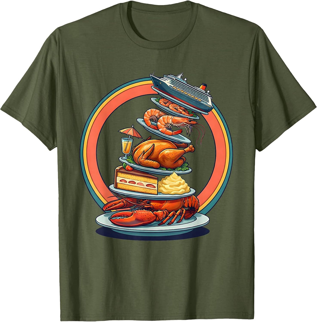 Funny Cruise Ship Buffet Overloaded Plate Design T-Shirt - Olive Green