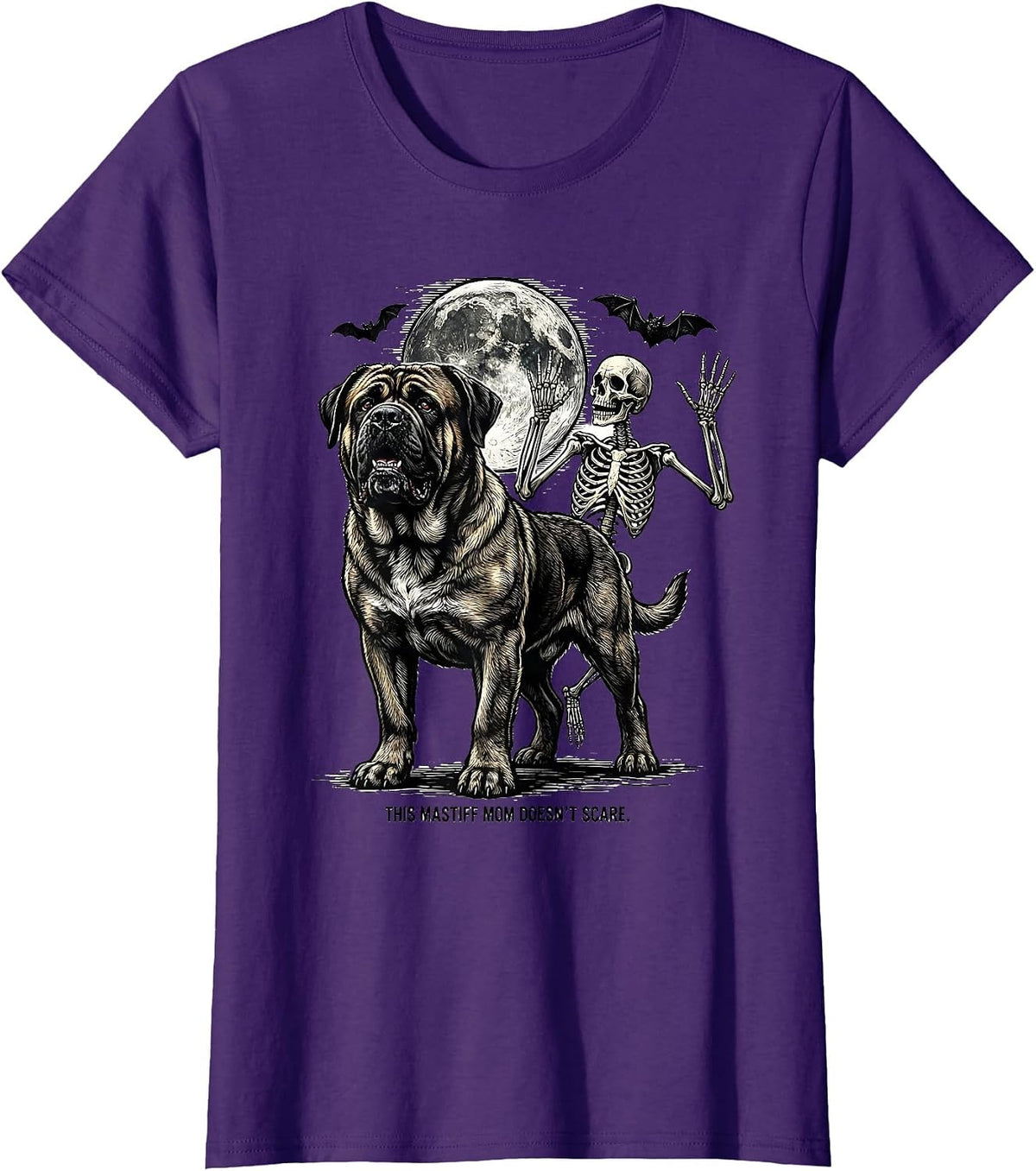 Women's This Mastiff Mom Doesn't Scare Funny Skeleton Chasing Dog T-Shirt - Purple