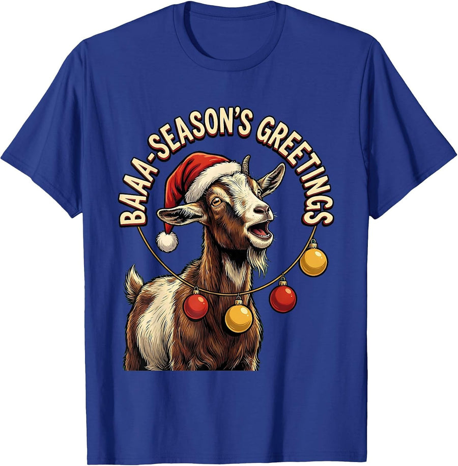 Baaa-Season's Greetings Cartoon Goat Santa Hat Farm Animal T-Shirt - Royal Blue