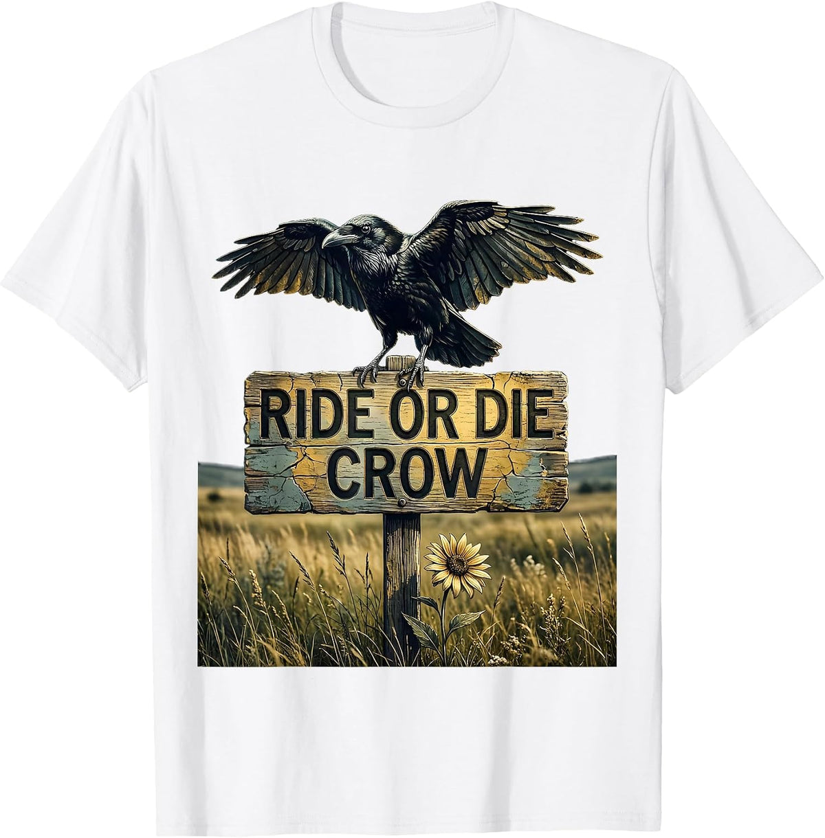 Ride or Die Crow Bold Dark Bird Design T-Shirt - White