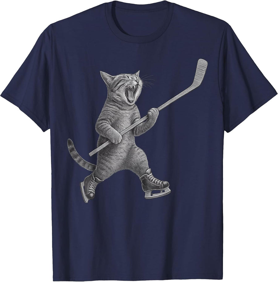 Cat Playing Ice Hockey Stick Funny Skating Cat T-Shirt - Navy Blue