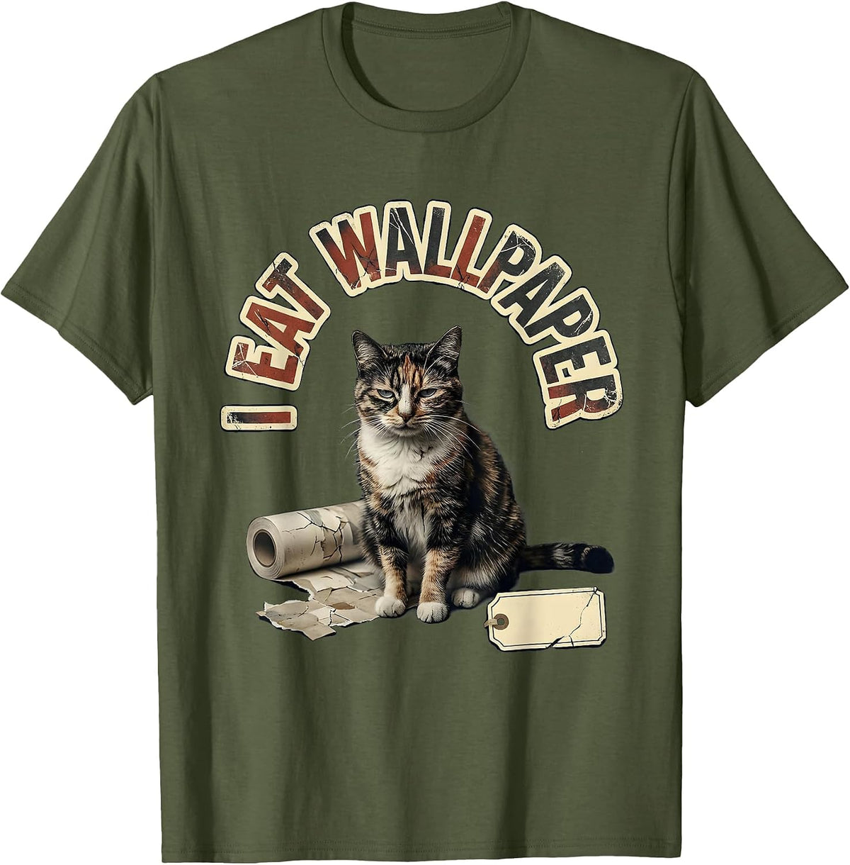 I Eat Wallpaper Funny Cat Meme Bootleg Graphic Gen-Z T-Shirt - Olive Green