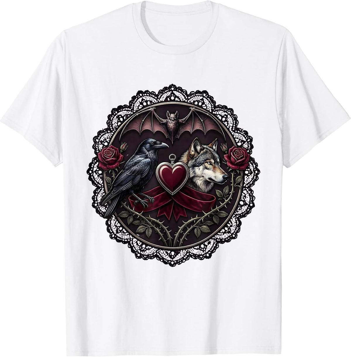 Men's Crow and Wolf Side by Side Wildlife Art Design T-Shirt - White