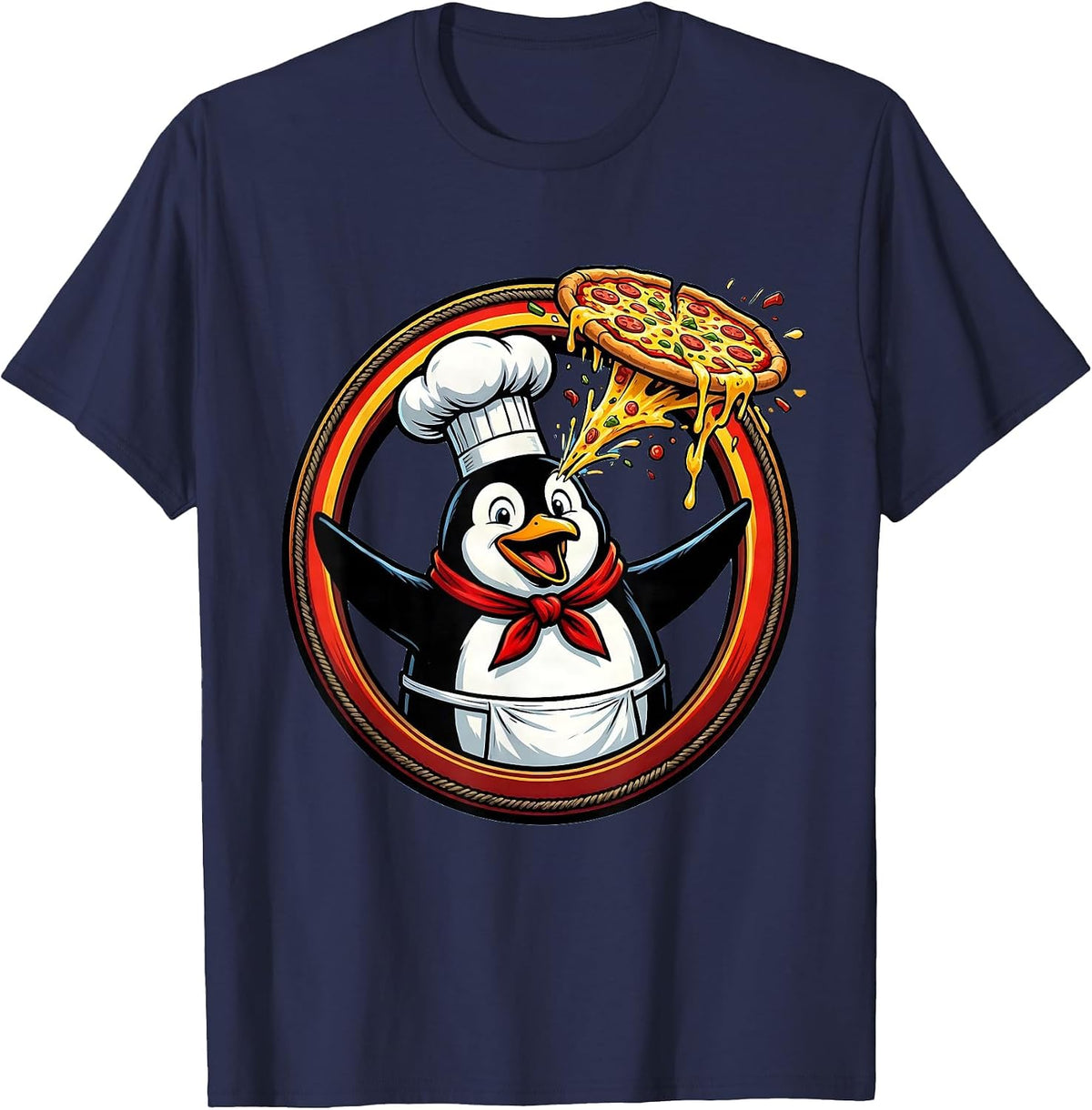 Men's Penguin Chef Tossing Pizza Graphic Design T-Shirt - Navy Blue