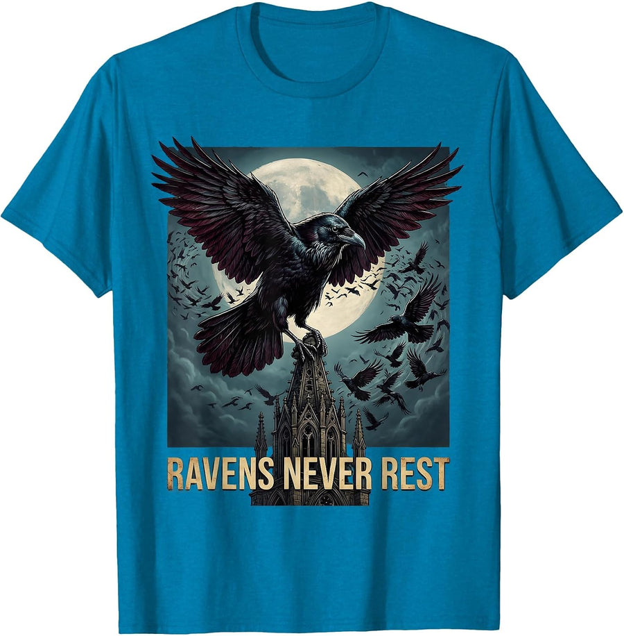 Ravens Never Rest Gothic Dark Bird Design T-Shirt - Sapphire Blue