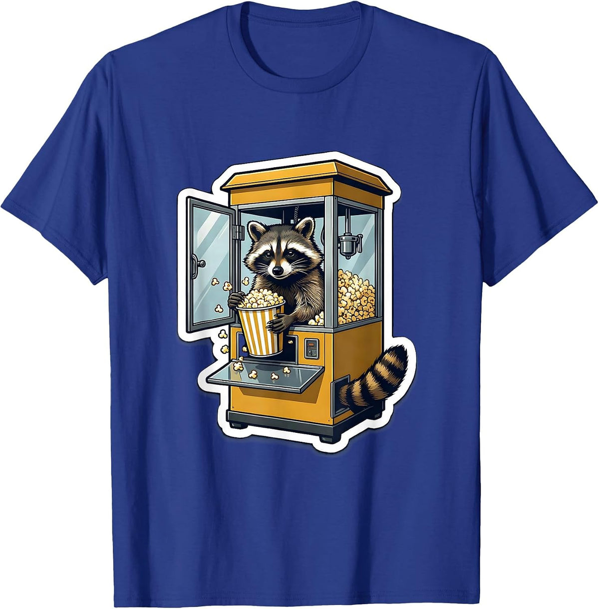 Men's Masked Raccoon Popcorn Machine Absurd Humor Sticker Style T-Shirt - Royal Blue