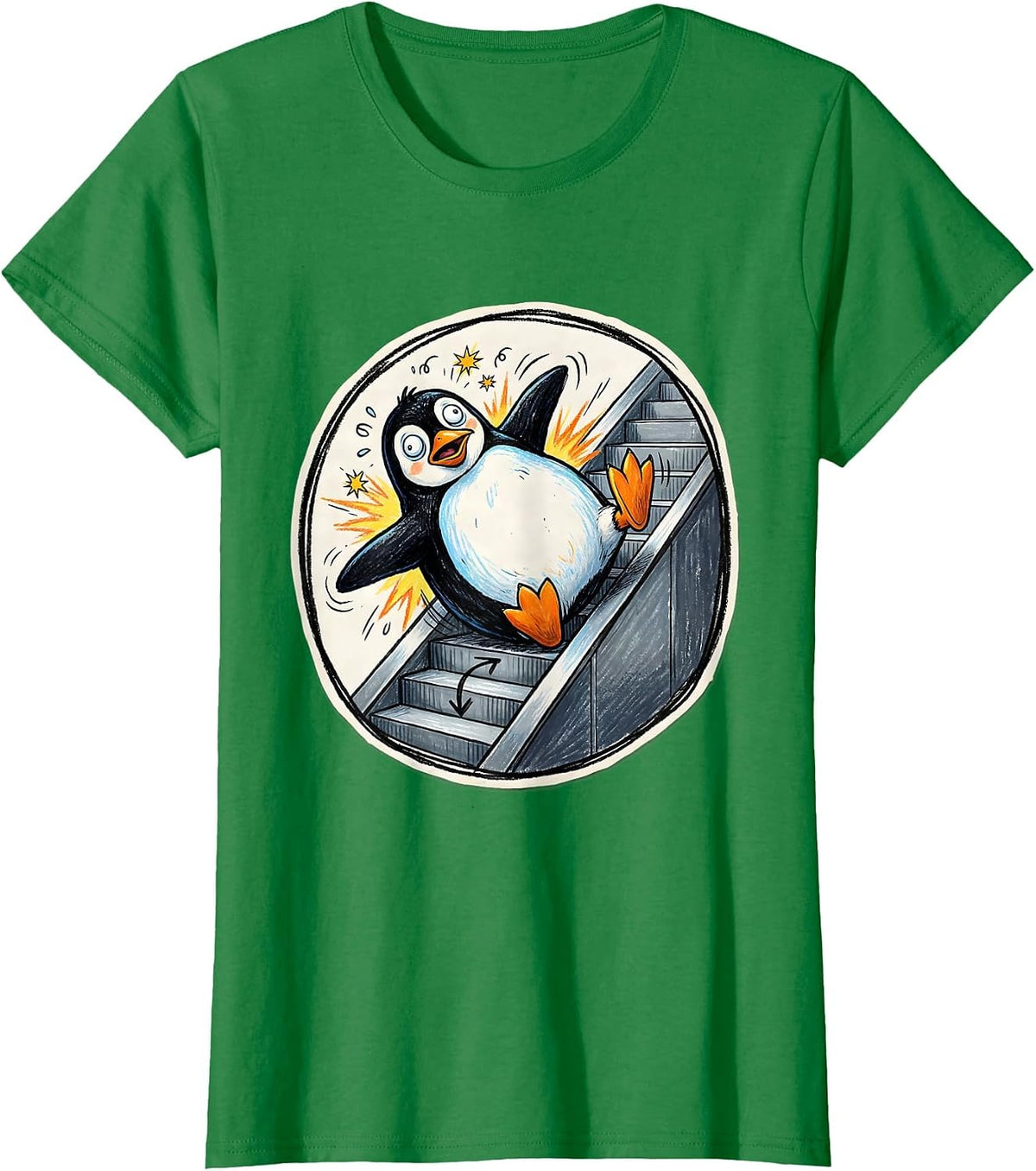 Funny Penguin Escalator Fail Graphic Design T-Shirt - Kelly Green