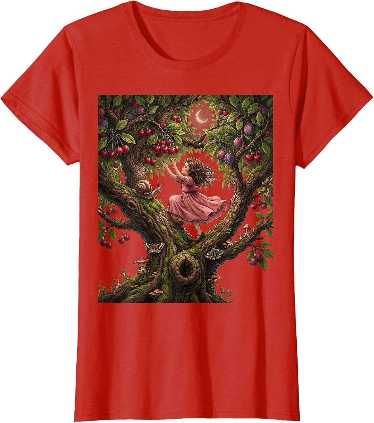Girl Climbing Tree Ripe Fruit Illustration T-Shirt - Red
