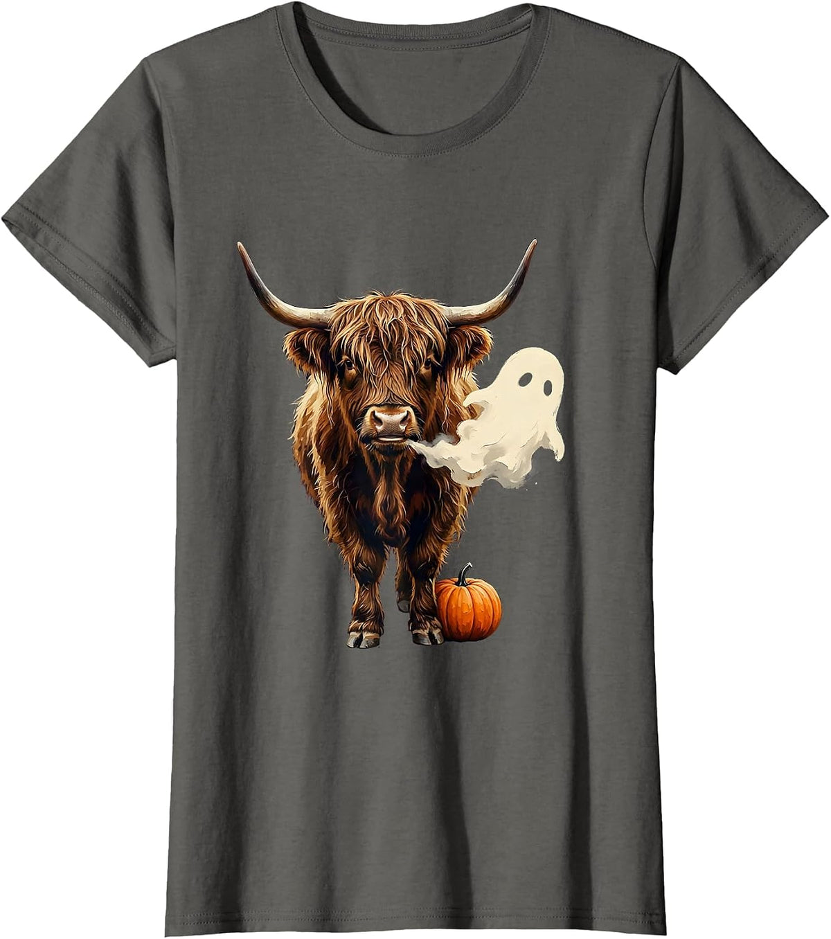 Women's Shaggy Highland Cow Ghost Pumpkin Spooky Halloween Humor T-Shirt - Asphalt Grey