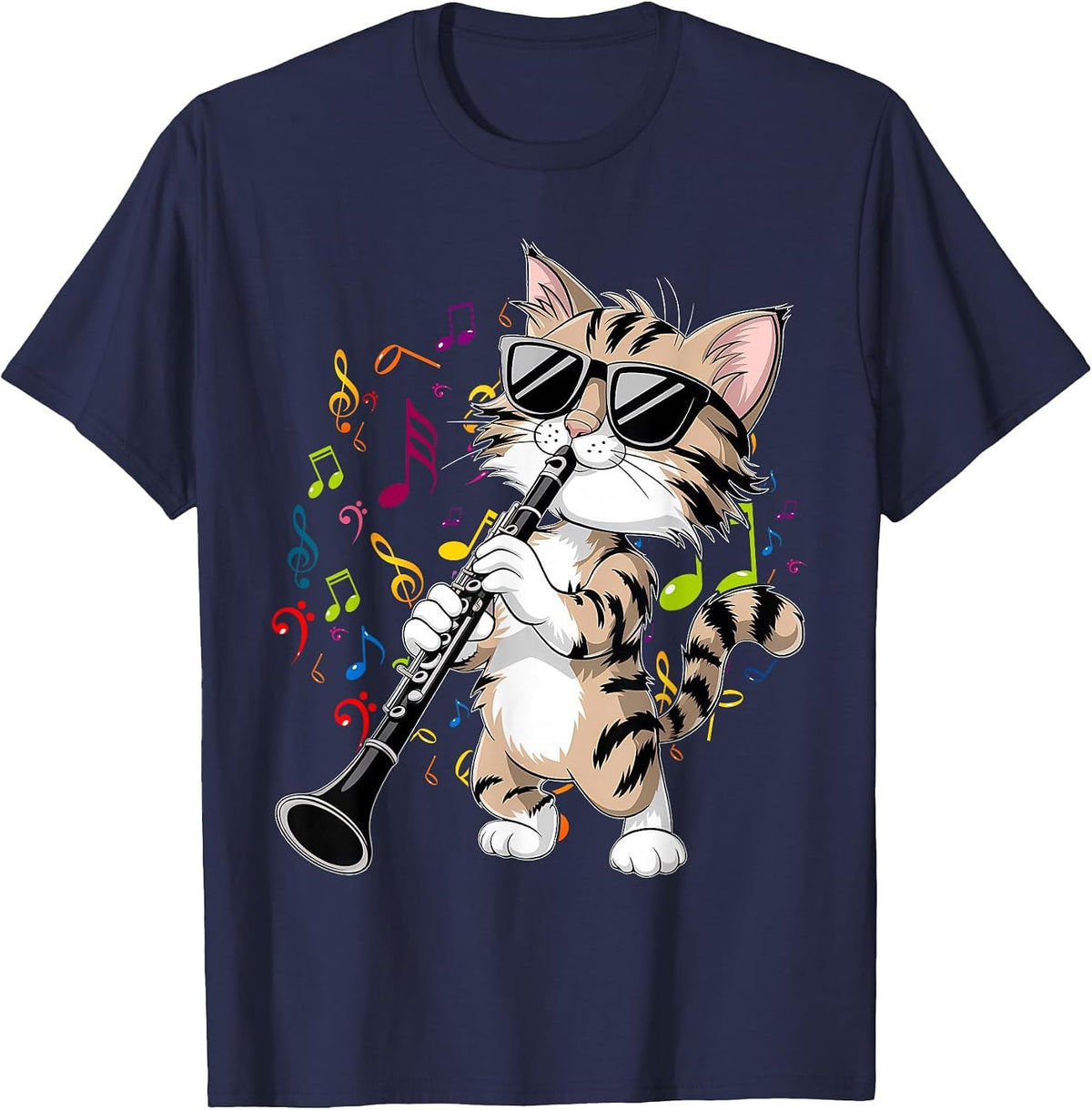 Funny Cat Wearing Sunglasses Playing Clarinet T-Shirt - Navy Blue