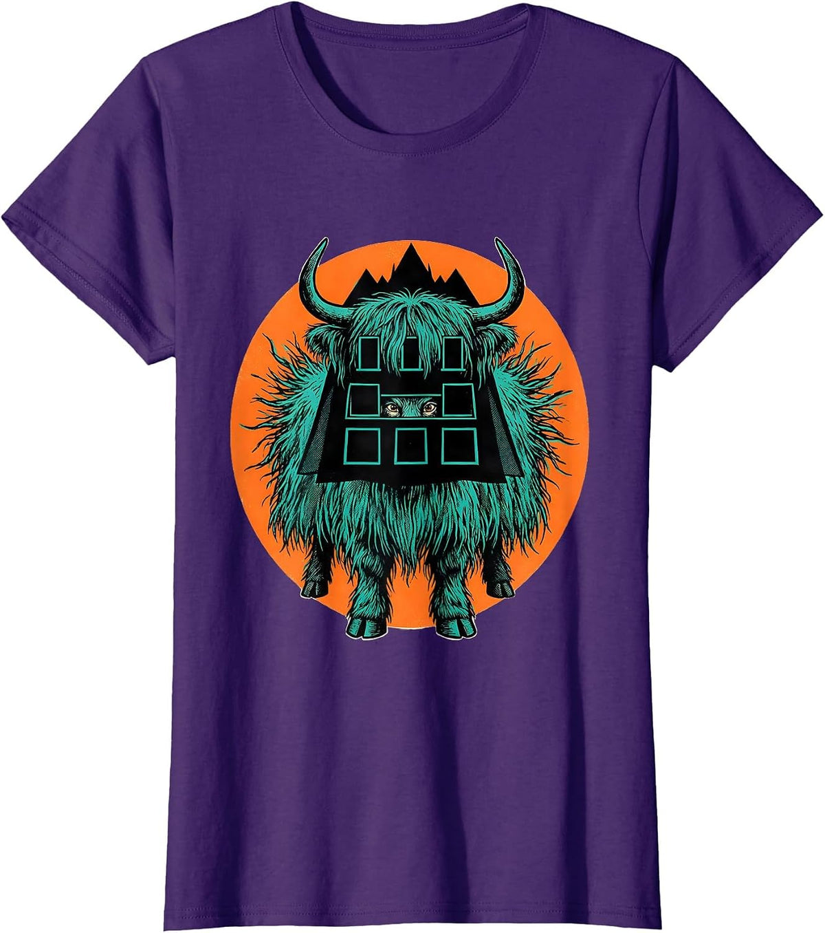 Women's Highland Cow Haunted House Cape Halloween Fall Costume Humor T-Shirt - Purple