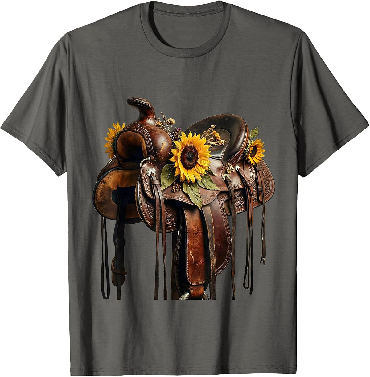 Men's Sunflower Saddle Cowgirl Western Floral Illustration T-Shirt - Asphalt Grey