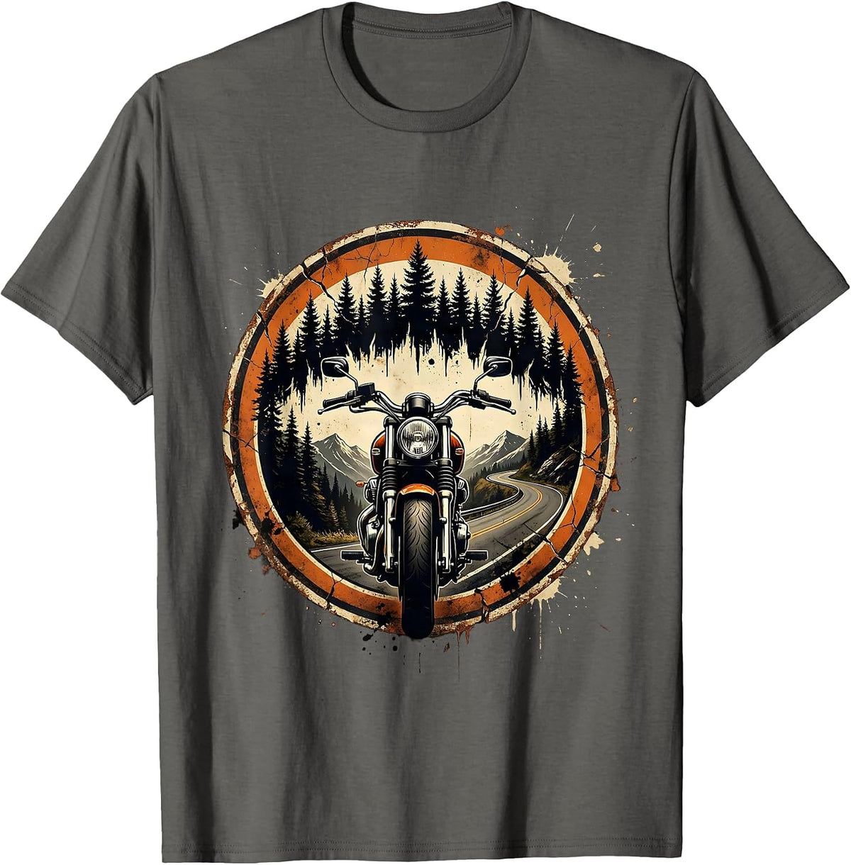 Mountain Road Pine Forest Biker Graphic Tee T-Shirt - Asphalt Grey
