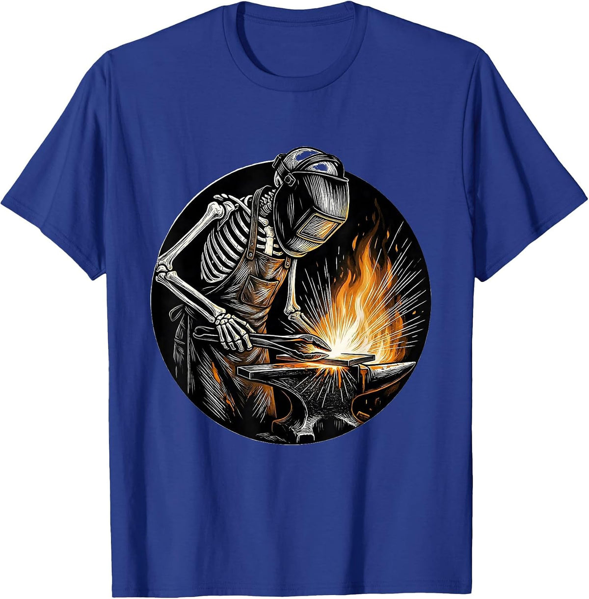 Skeleton Welder at the Forge Graphic Tee T-Shirt - Royal Blue