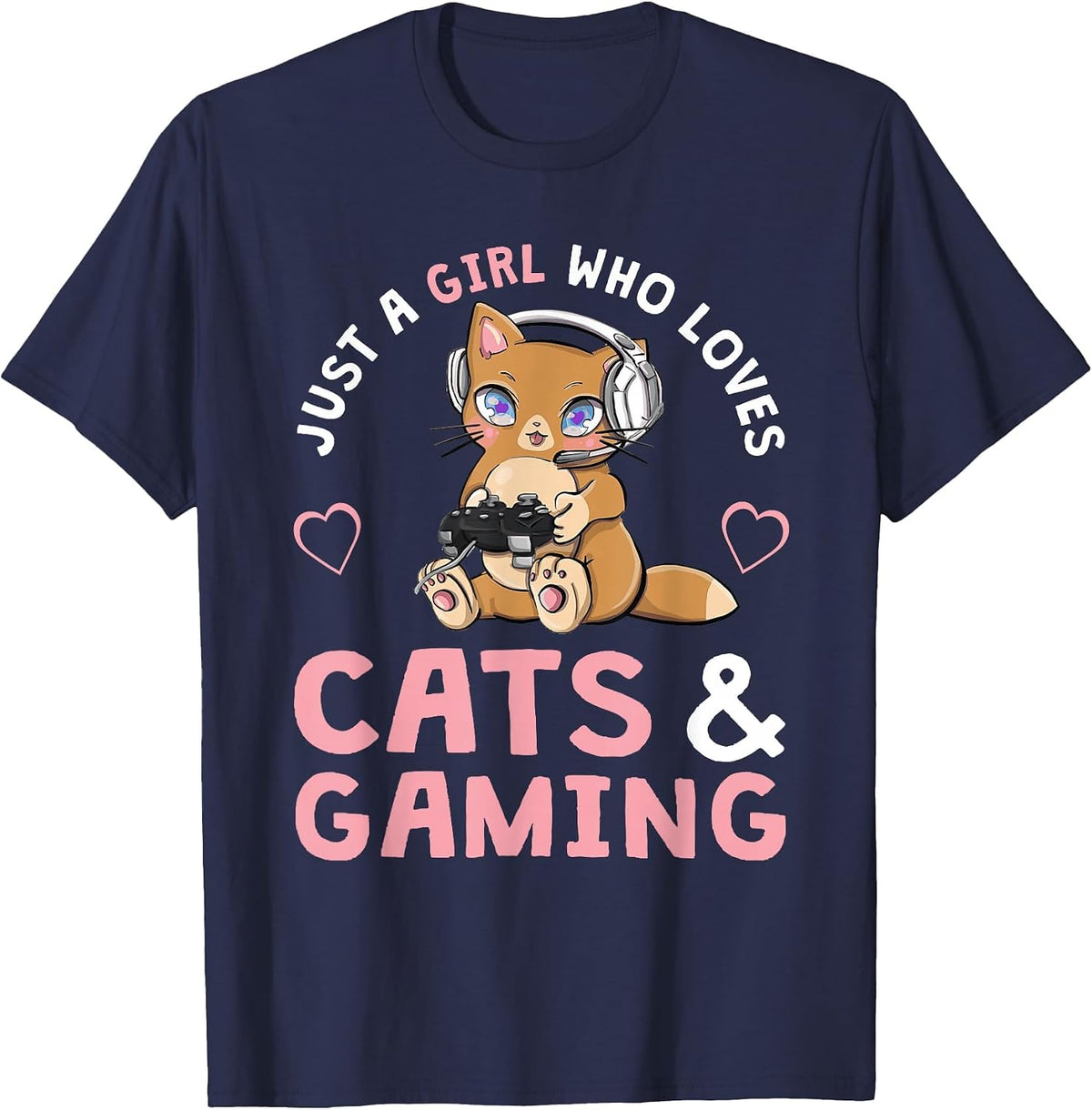 Just A Girl Who Loves Cats and Gaming Cute Gamer Cat T-Shirt - Navy Blue