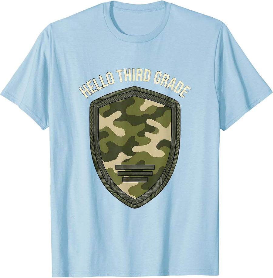 Men's Hello Third Grade Distressed Camo Back To School Boy Teacher T-Shirt - Baby Blue