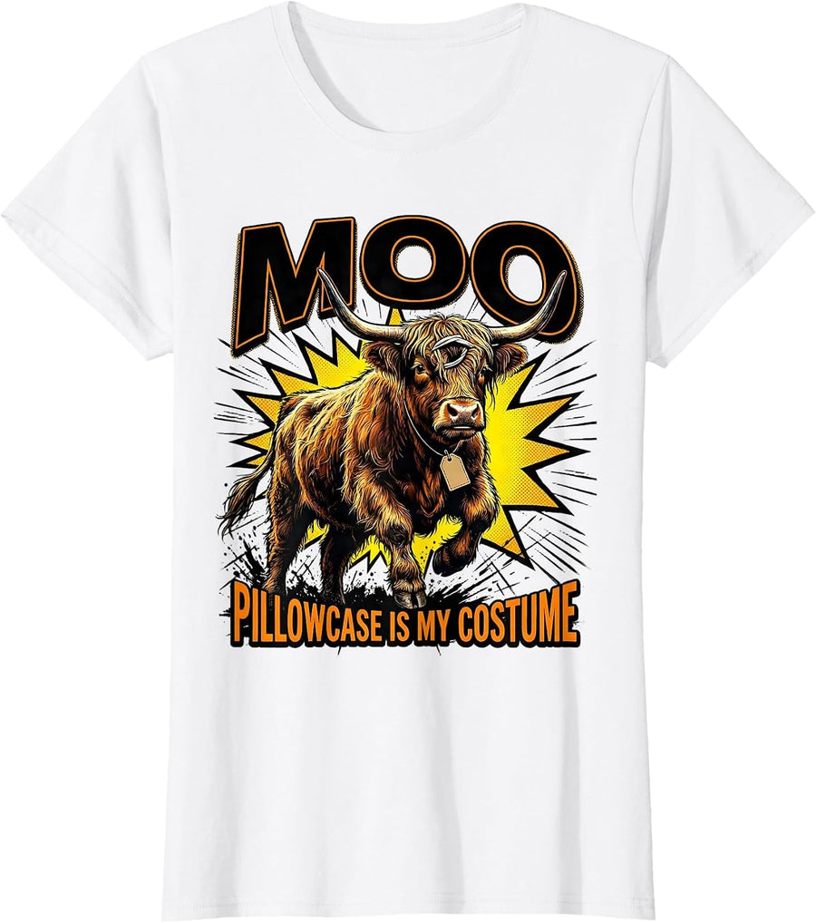 Women's Moo Pillowcase Is My Costume Funny Highland Cow Halloween T-Shirt - White