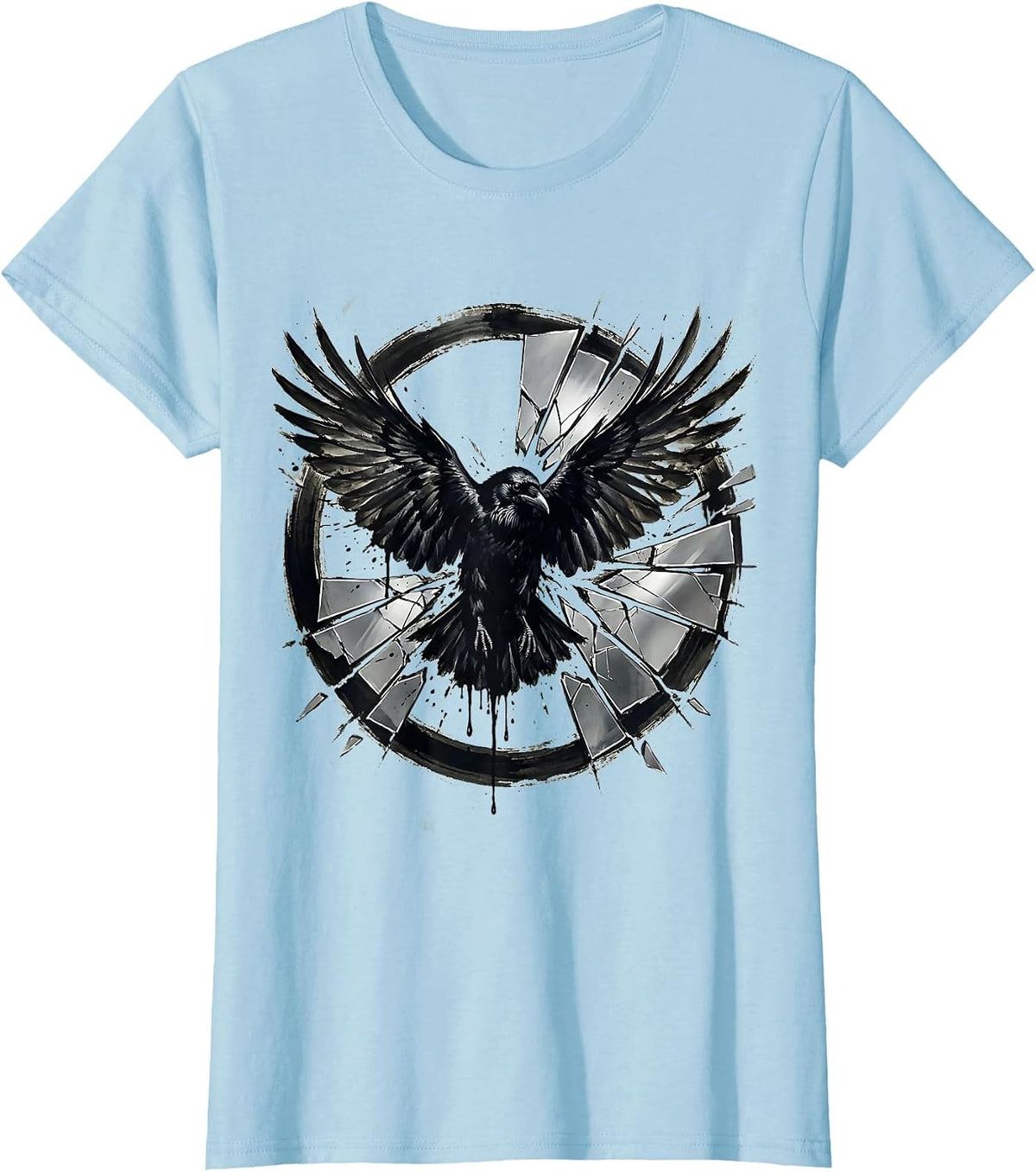 Crow Bursting Through Cracked Mirror Shards T-Shirt - Baby Blue
