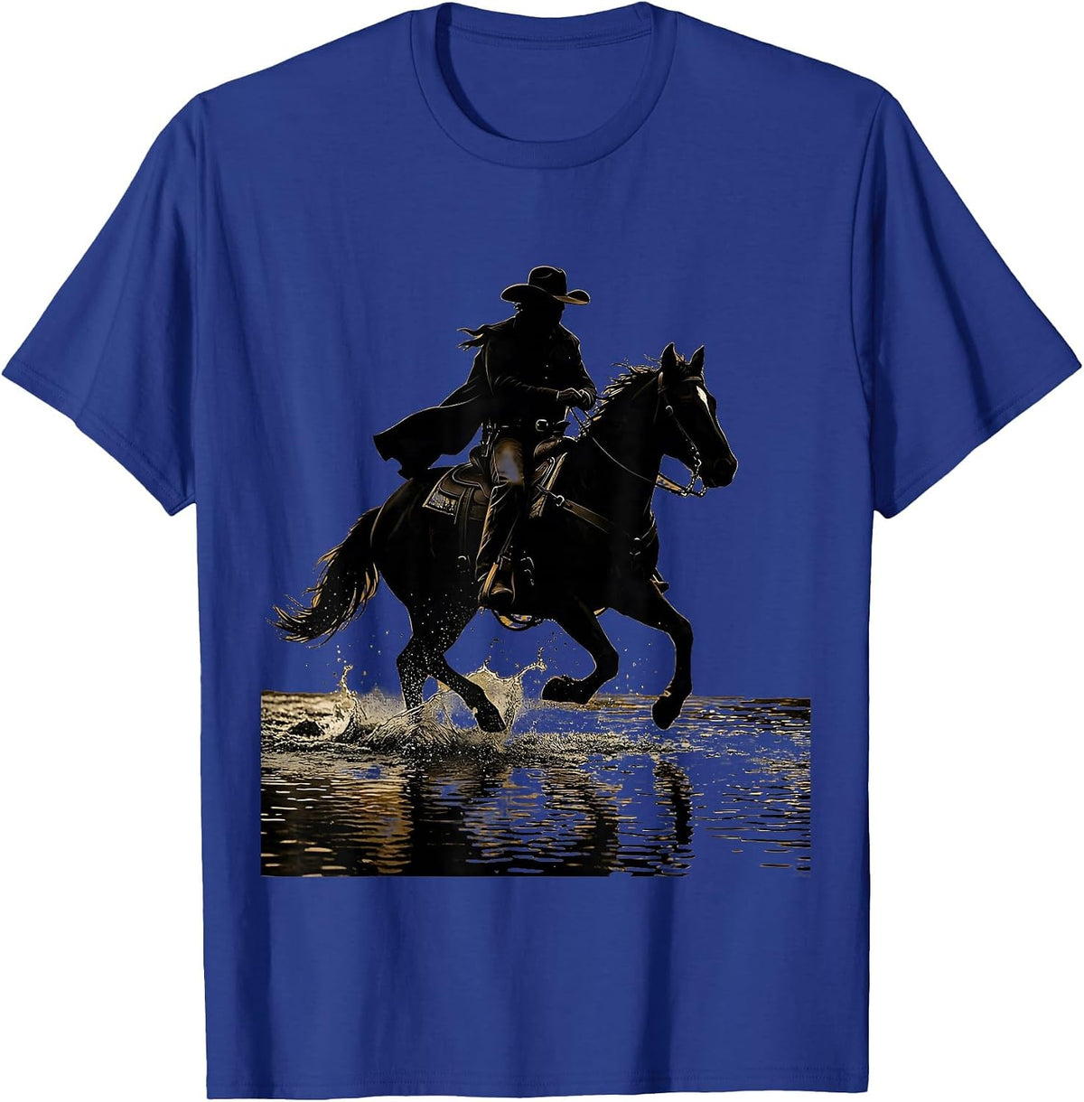 Cowboy Riding Horse Through River Crossing T-Shirt - Royal Blue