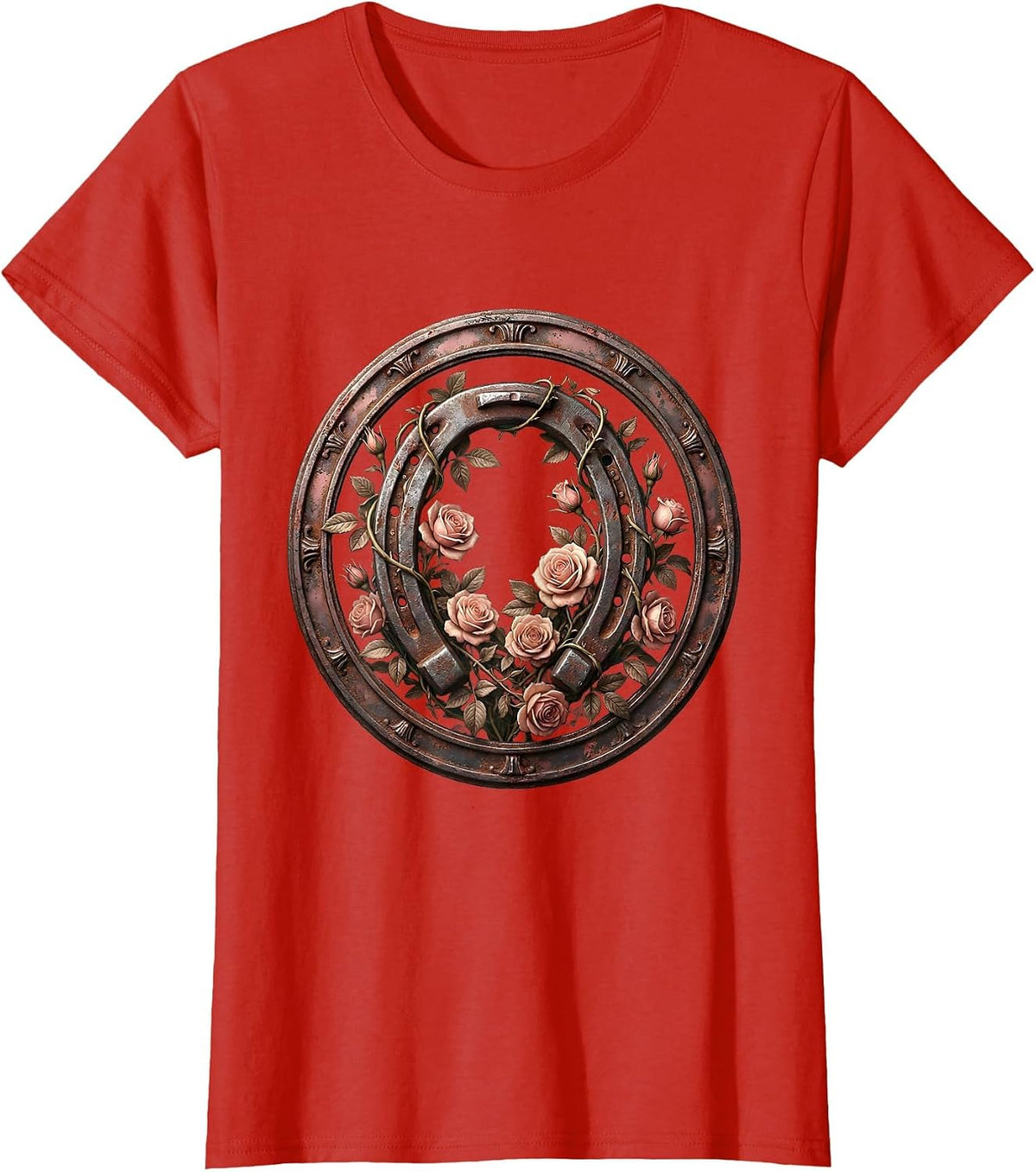 Floral Derby Horseshoe Climbing Roses Illustration T-Shirt - Red