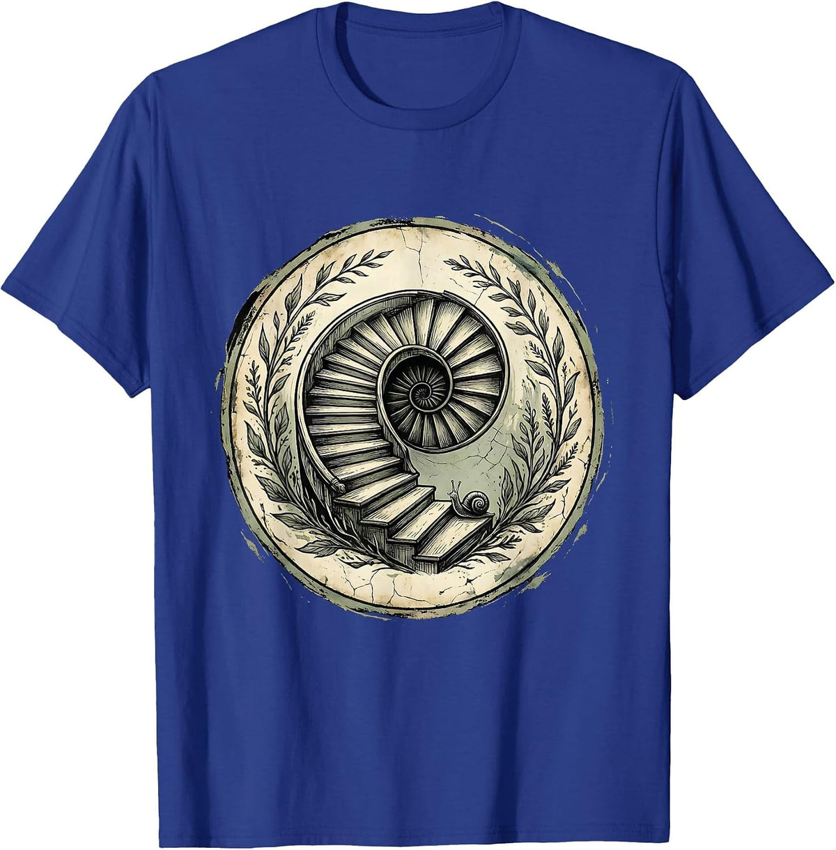 Snail Climbing Spiral Staircase Illustration T-Shirt - Royal Blue