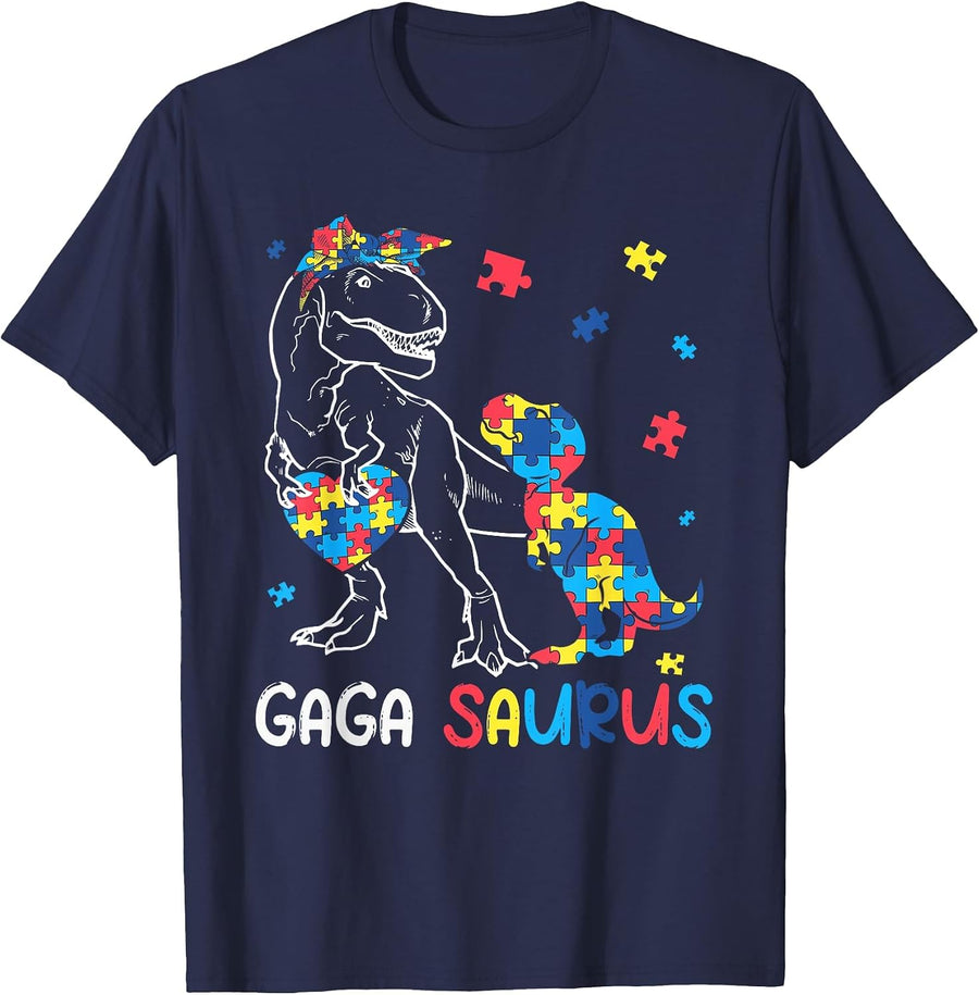 Gaga Saurus Autism Awareness Autistic Dinosaur Family T-Shirt - Navy Blue