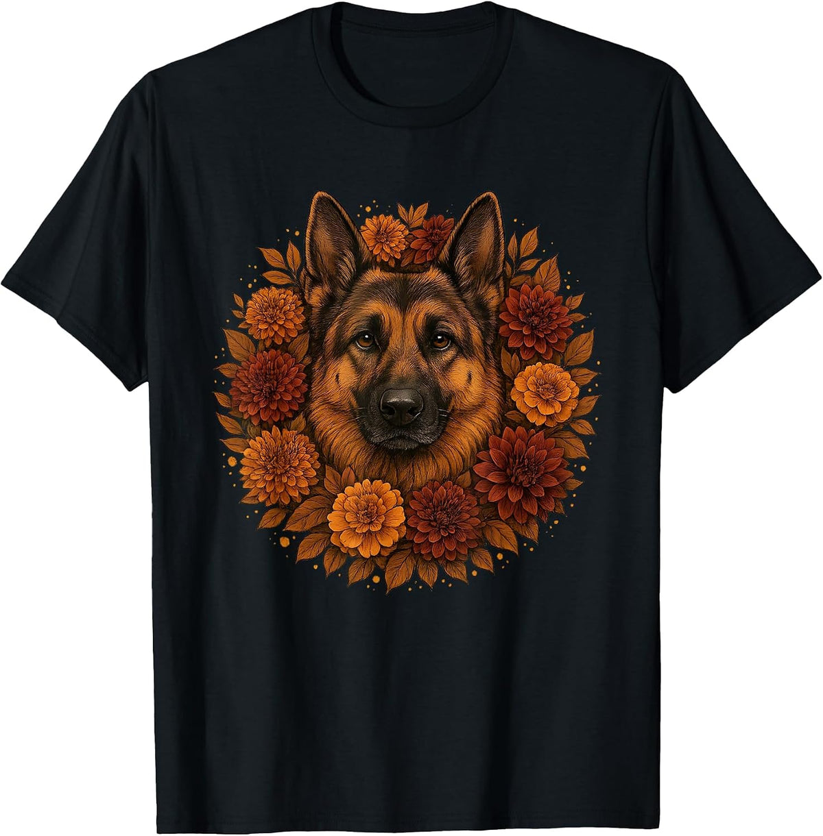 Vintage German Shepherd Autumn Floral Dog Fall Flowers T-Shirt - Black
