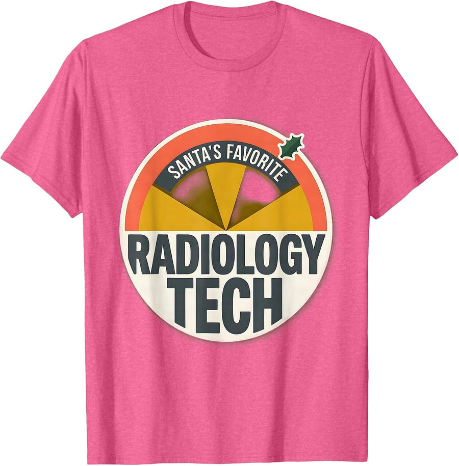 Santa's Favorite Radiology Tech Midcentury Modern Christmas T-Shirt - Pink Heather