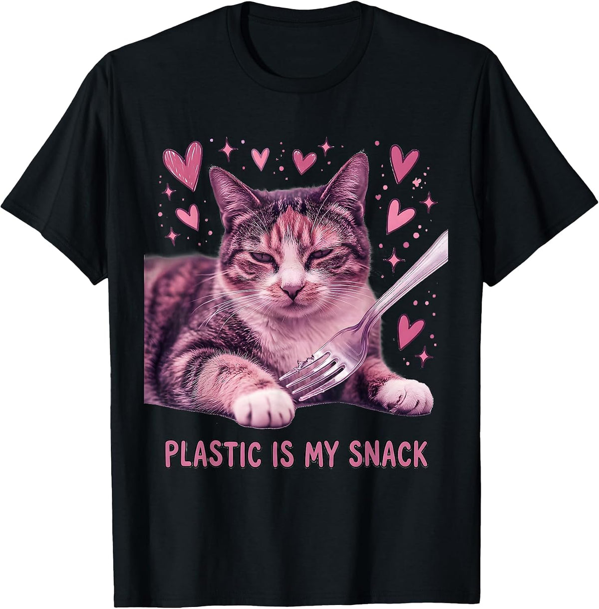 Men's Plastic Is My Snack Cute Cat Meme Absurdist Irony T-Shirt - Black