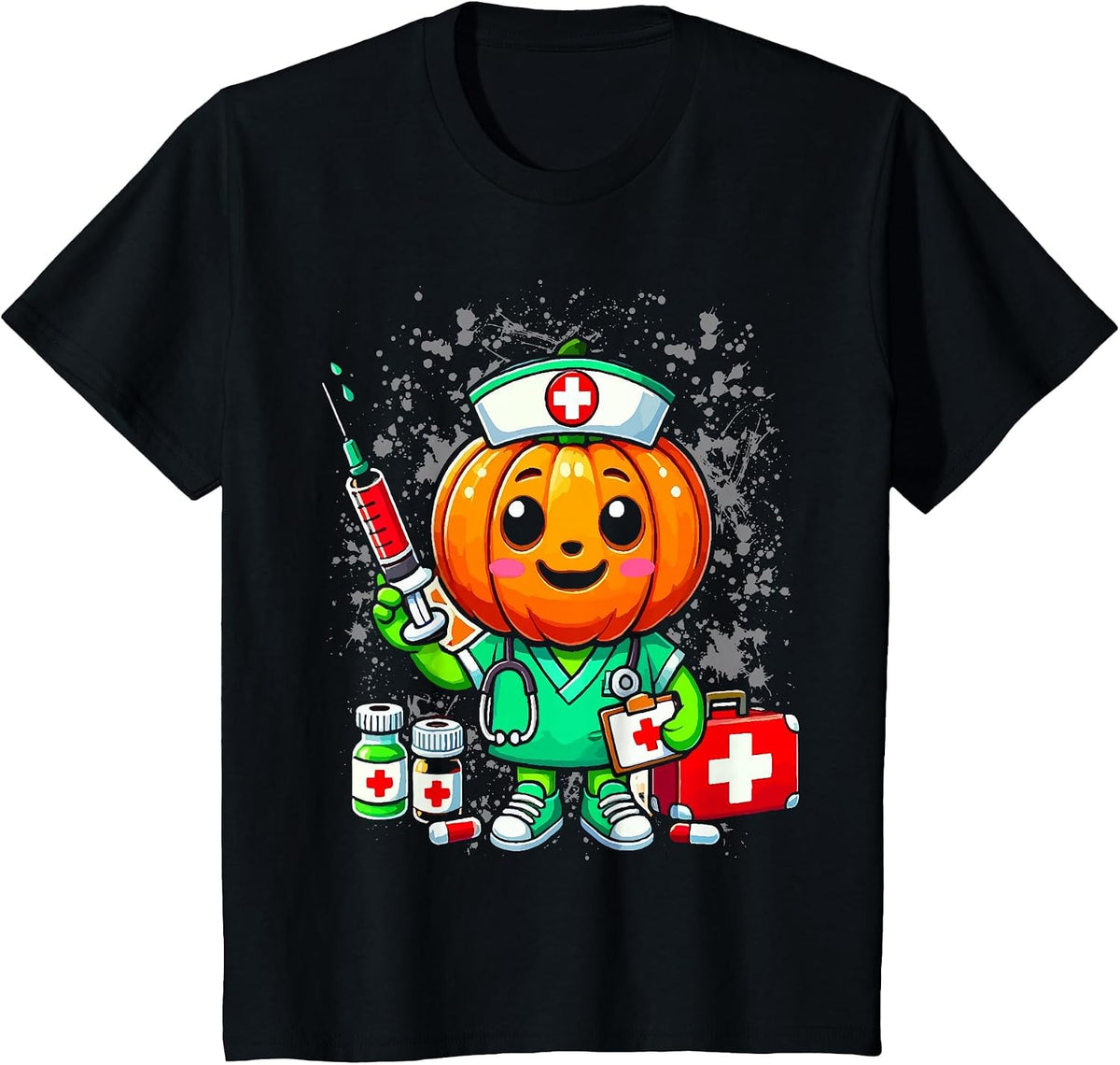 Halloween Nurse Pumpkin Nursing Scrub Top Costume Women Men T-Shirt - Black