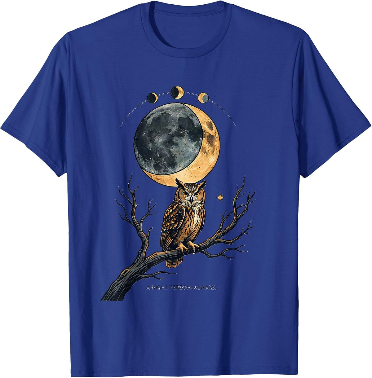 A Night Person, Always Whimsical Boho Moon Phase Owl T-Shirt - Royal Blue