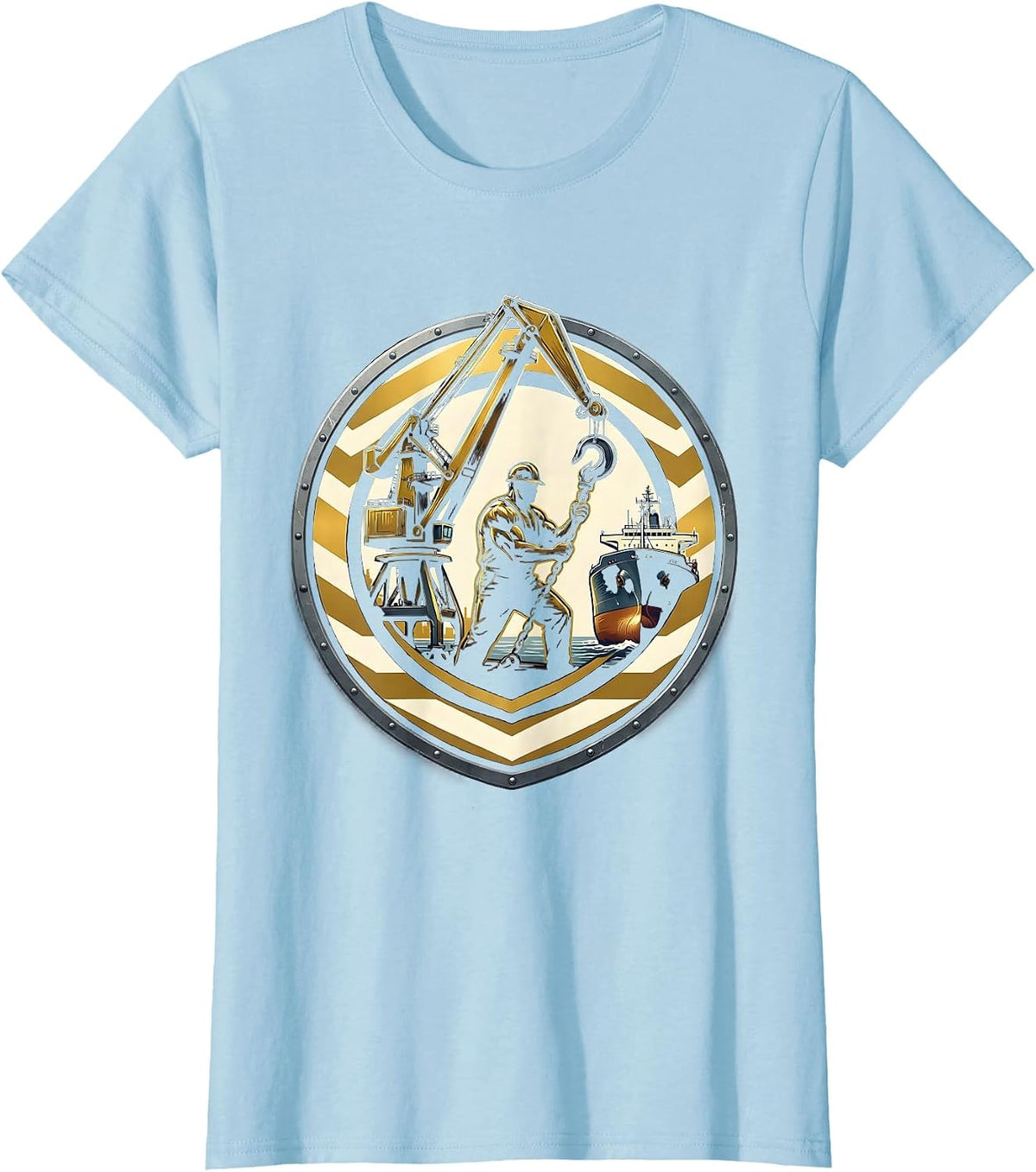Labor Day Dock Worker Crane Unloading Ship T-Shirt - Baby Blue