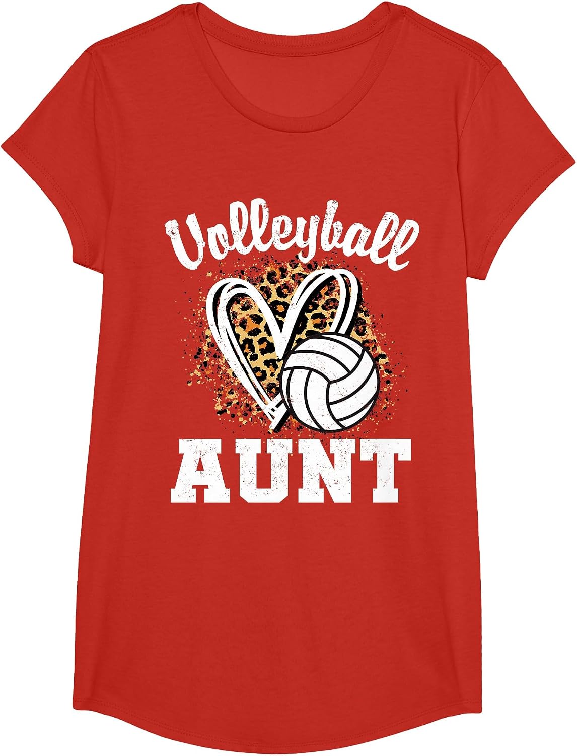 Volleyball Aunt Leopard Heart Matching Family T-Shirt - Girls Red