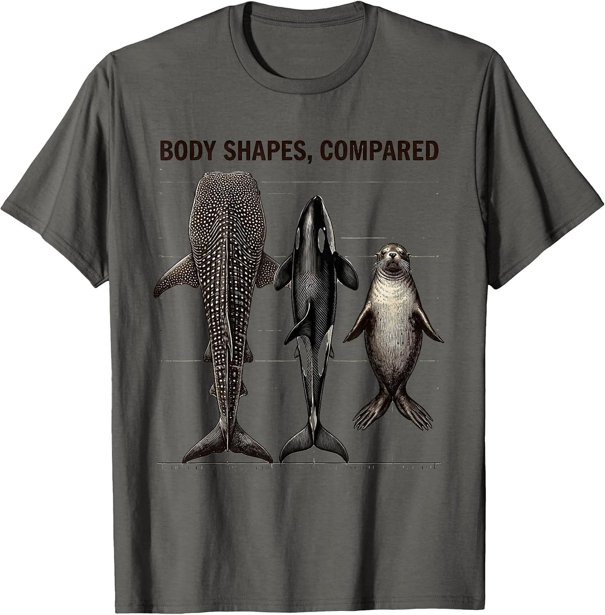 Body Shapes Compared Crosshatch Etching Whale Shark Orca T-Shirt - Asphalt Grey