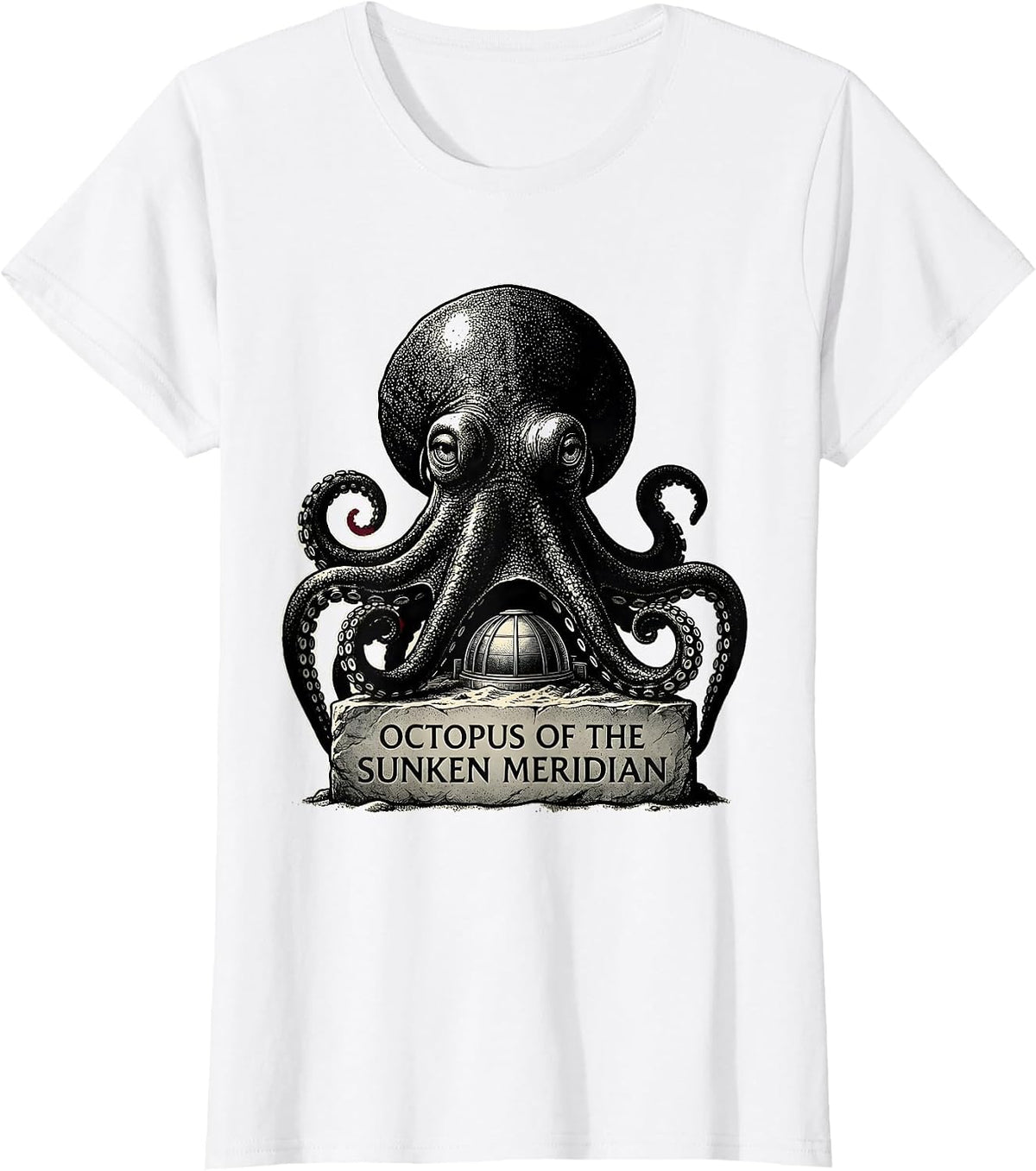 Women's Octopus of the Sunken Meridian Blackwork Dotwork Ocean T-Shirt - White